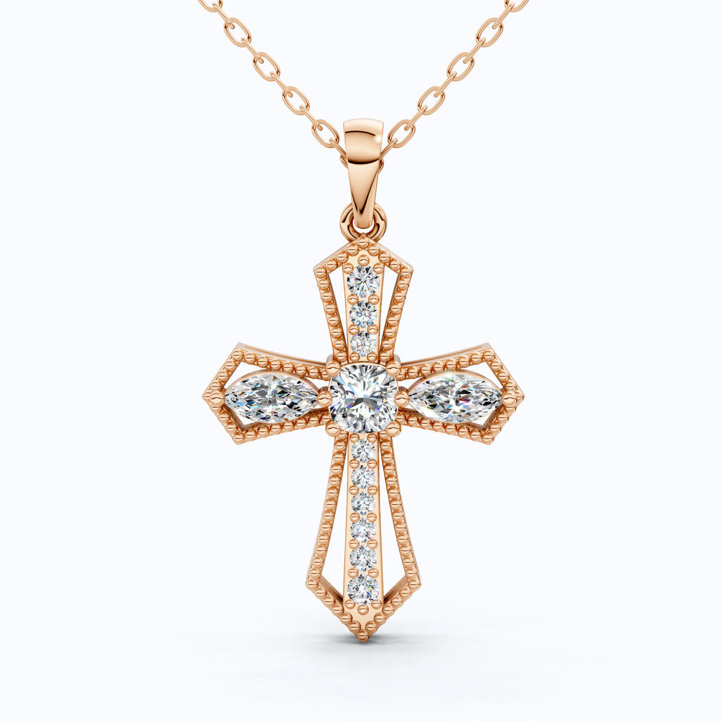 Elegant Milgrain Cross Pendant in 14K Solid Gold, 0.99 TCW Marquise/Round Cut Lab Created Diamonds, Faith Jewelry, Baptism Gift