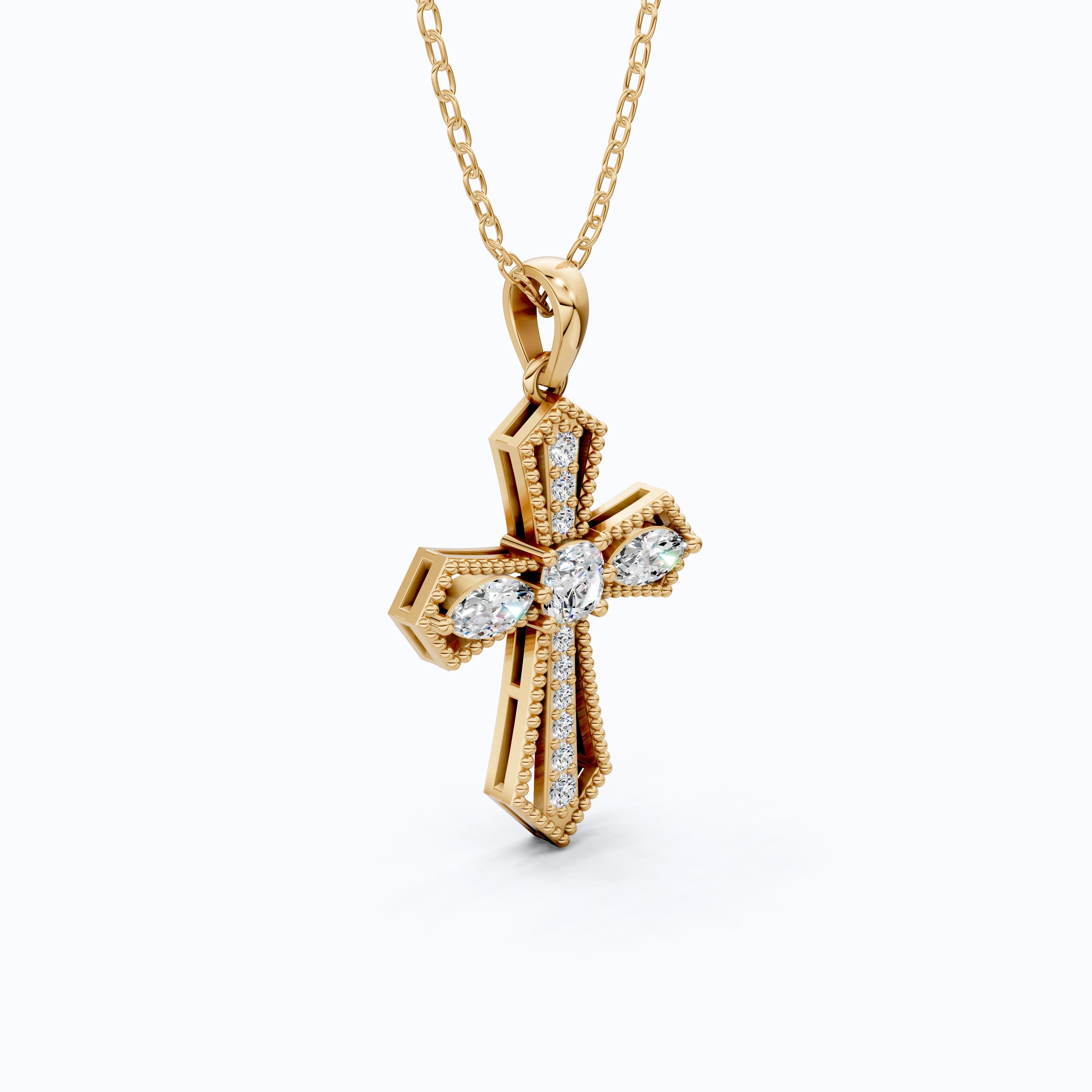 Elegant Milgrain Cross Pendant in 14K Solid Gold, 0.99 TCW Marquise/Round Cut Lab Created Diamonds, Faith Jewelry, Baptism Gift