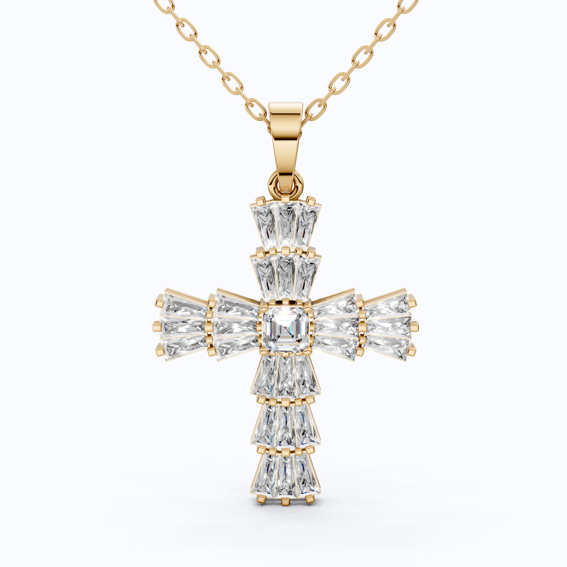 Tapered Baguette Asscher Cross Pendant in 14k Solid Gold, 1.87 TCW Asscher/Baguette Lab Grown Diamonds, Faith Jewelry, Bridal Gift