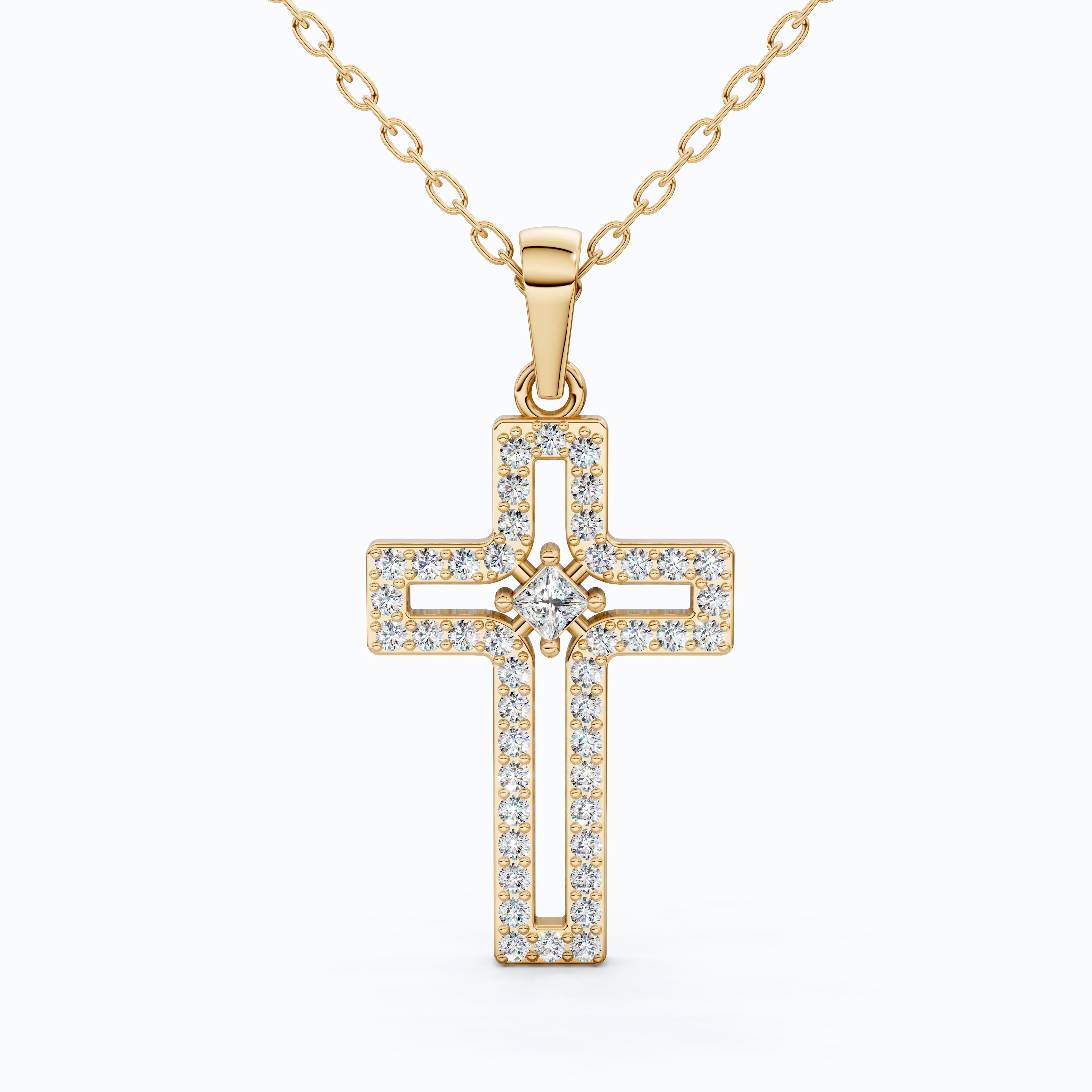Minimalist Pavé Princess Cross Pendant in 14K Solid Gold, 0.52 TCW Princess/Round Cut Lab Created Diamonds, Bridal Jewelry, Gift for Mom