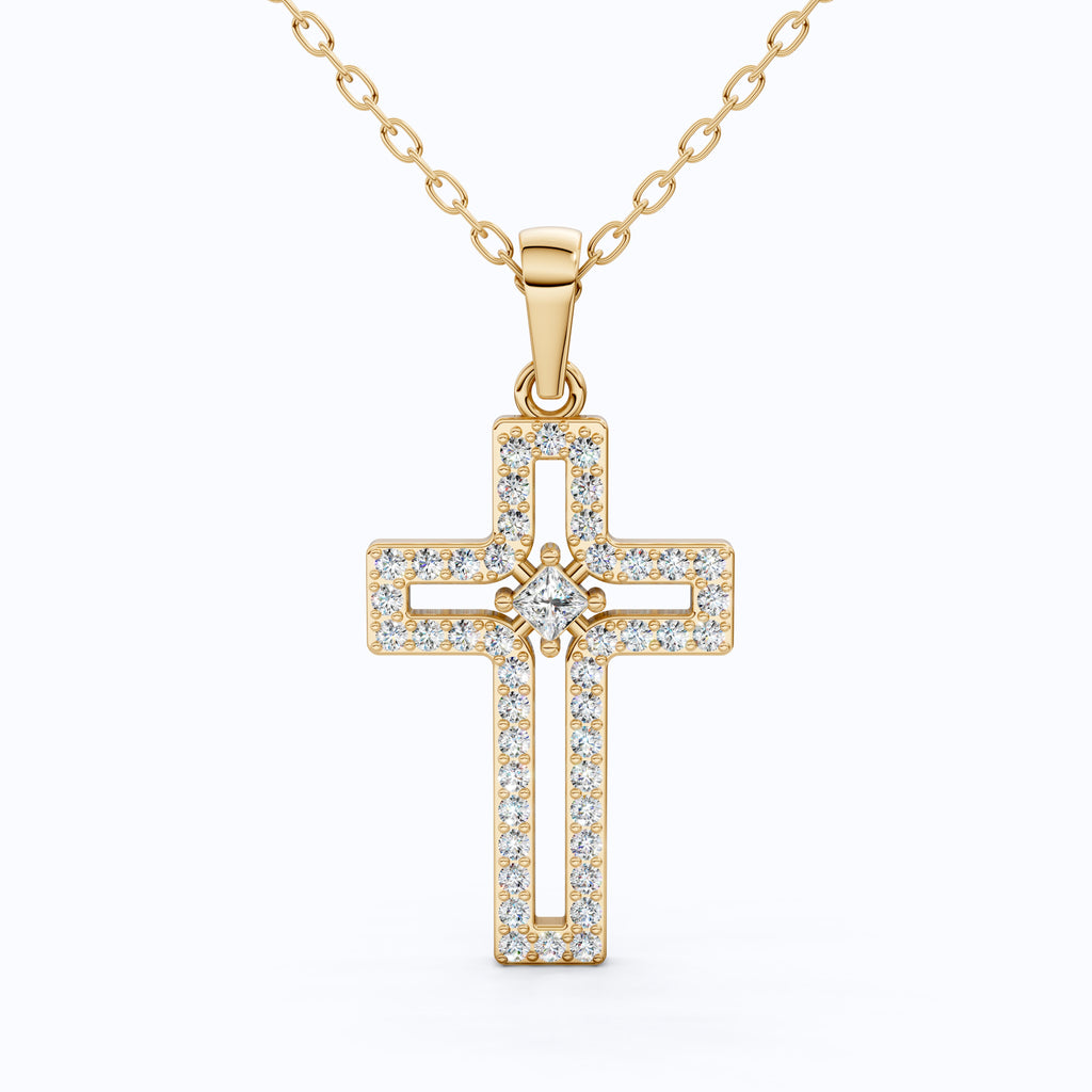 Minimalist Pavé Princess Cross Pendant in 14K Solid Gold, 0.52 TCW Princess/Round Cut Lab Created Diamonds, Bridal Jewelry, Gift for Mom
