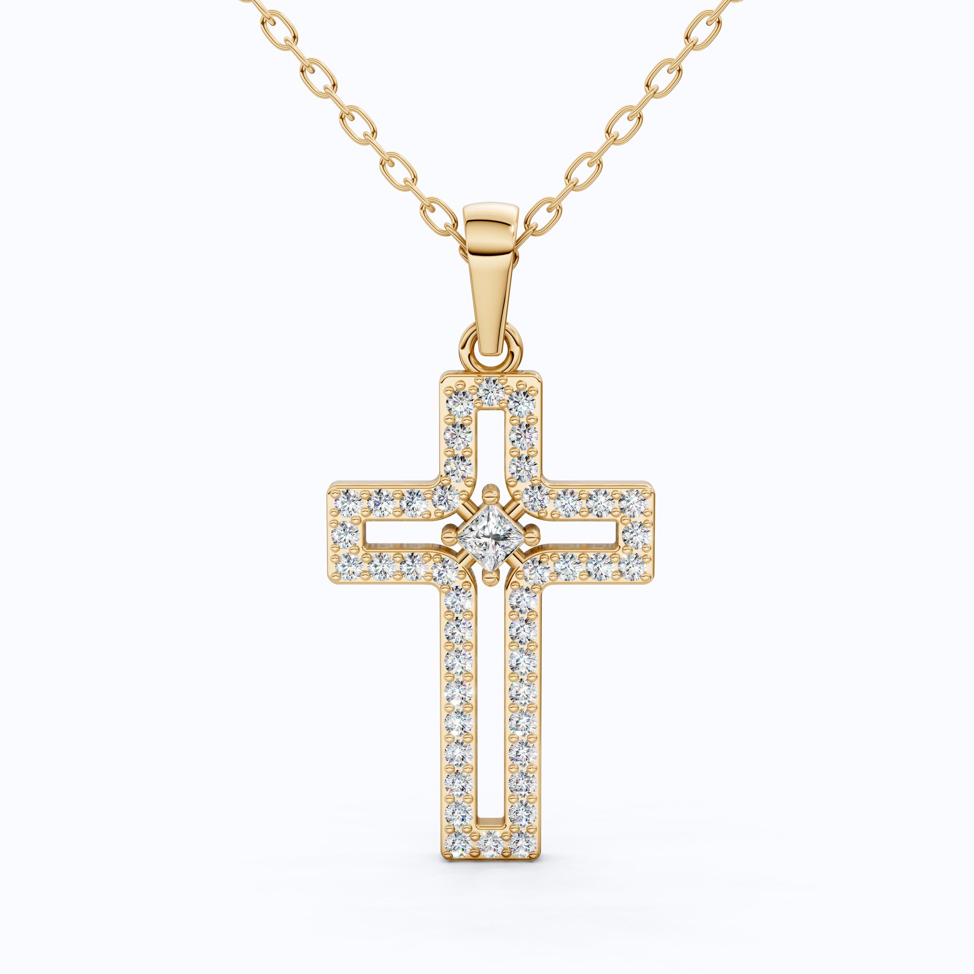 Minimalist Pavé Princess Cross Pendant in 14K Solid Gold, 0.52 TCW Princess/Round Cut Lab Created Diamonds, Bridal Jewelry, Gift for Mom