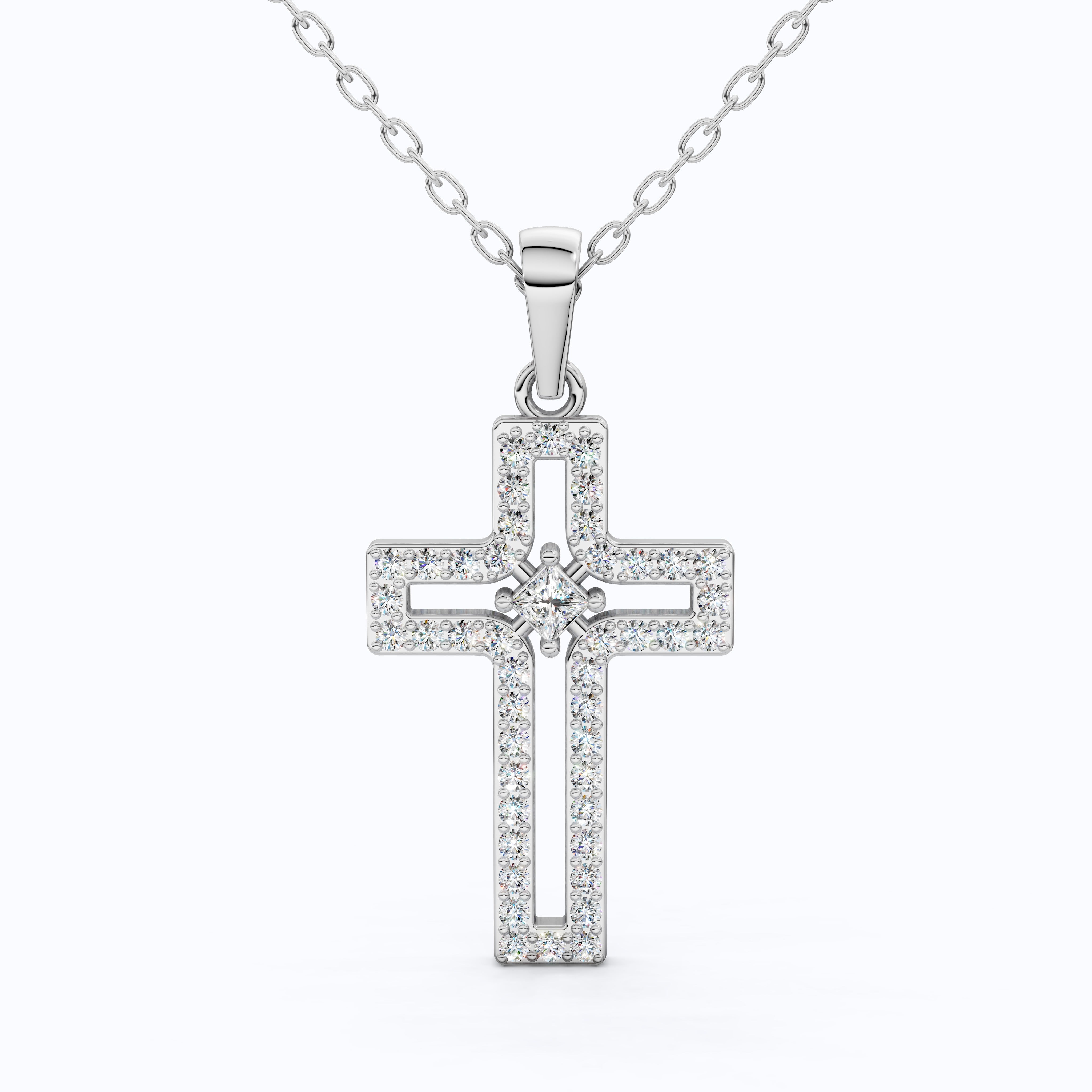 Minimalist Pavé Princess Cross Pendant in 14K Solid Gold, 0.52 TCW Princess/Round Cut Lab Created Diamonds, Bridal Jewelry, Gift for Mom