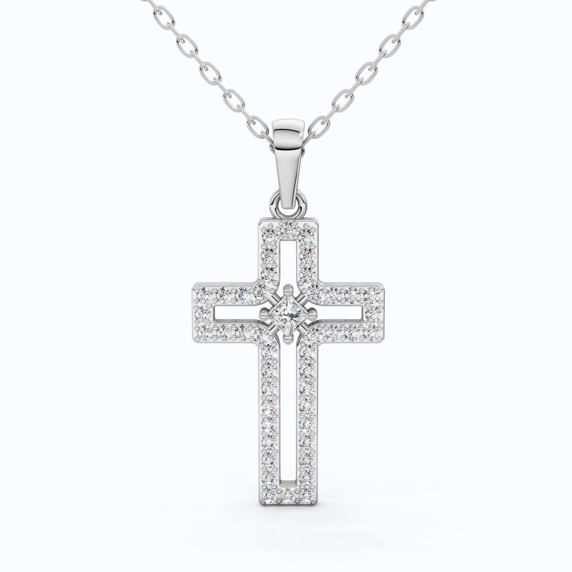 Minimalist Pavé Princess Cross Pendant in 14K Solid Gold, 0.52 TCW Princess/Round Cut Lab Created Diamonds, Bridal Jewelry, Gift for Mom