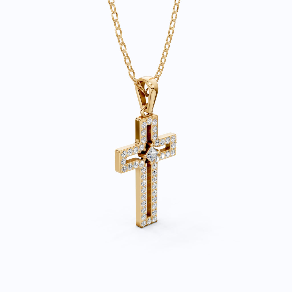 Minimalist Pavé Princess Cross Pendant in 14K Solid Gold, 0.52 TCW Princess/Round Cut Lab Created Diamonds, Bridal Jewelry, Gift for Mom