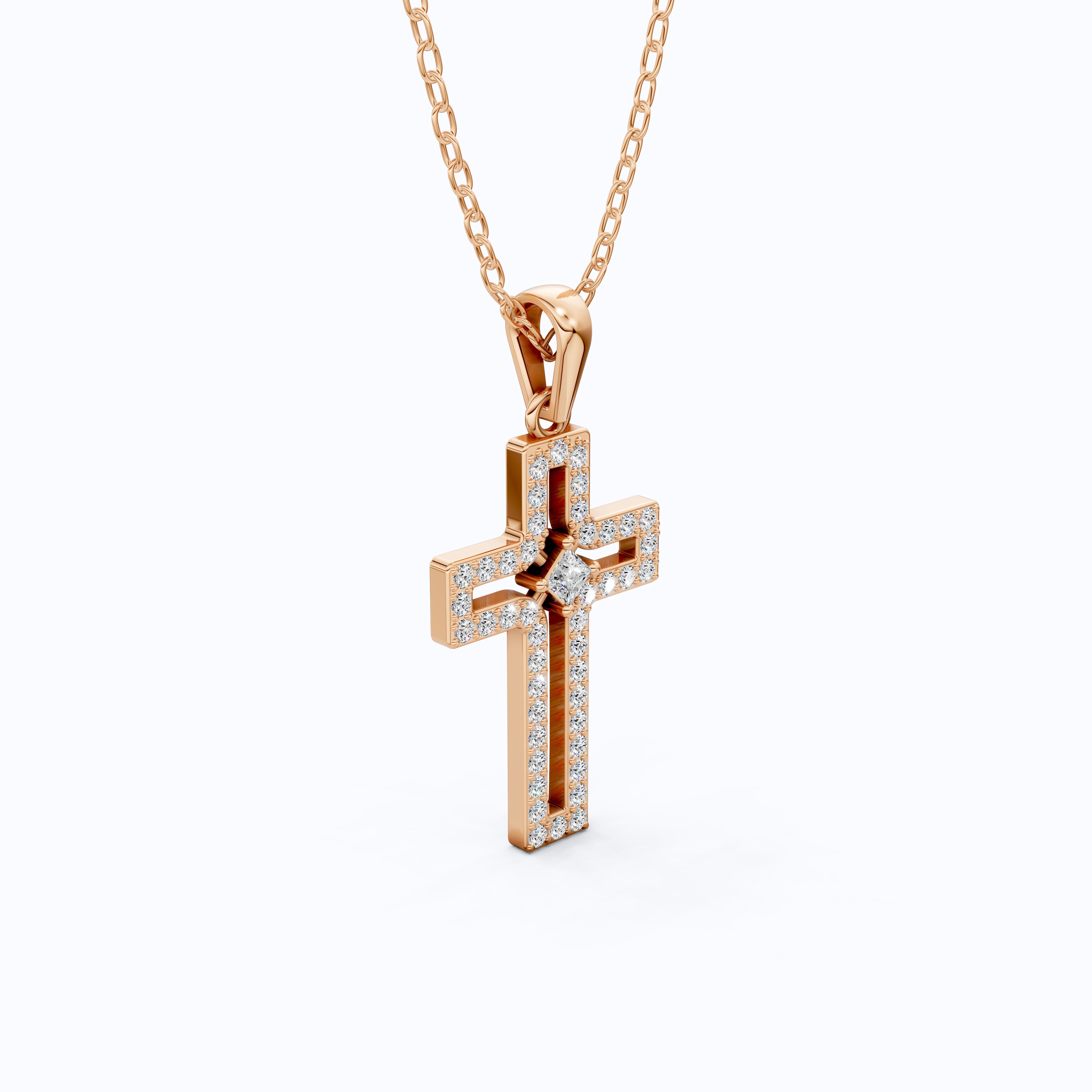 Minimalist Pavé Princess Cross Pendant in 14K Solid Gold, 0.52 TCW Princess/Round Cut Lab Created Diamonds, Bridal Jewelry, Gift for Mom