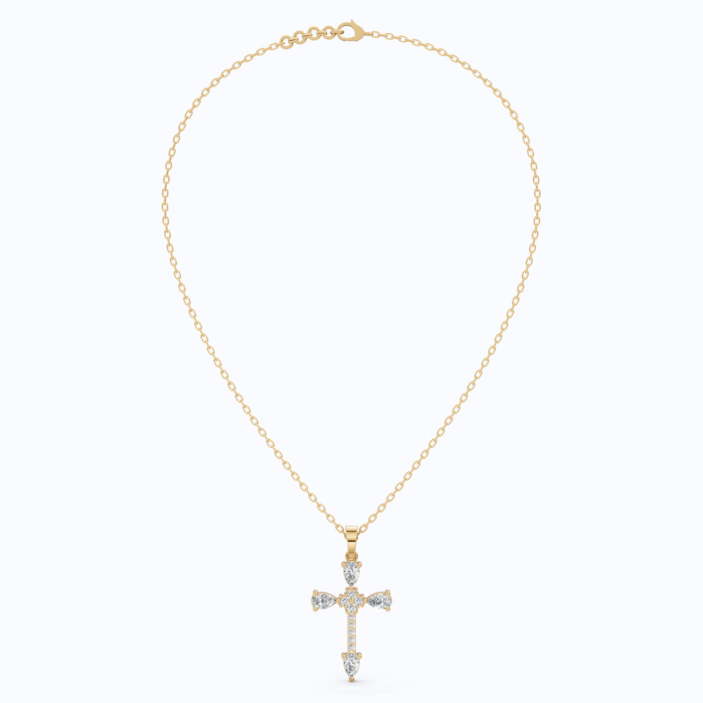 Classic Pear Cluster Cross Pendant in 14k Solid Gold, 0.75 TCW Pear/Round Cut Lab Grown Diamonds, Faith, Bridal Gift