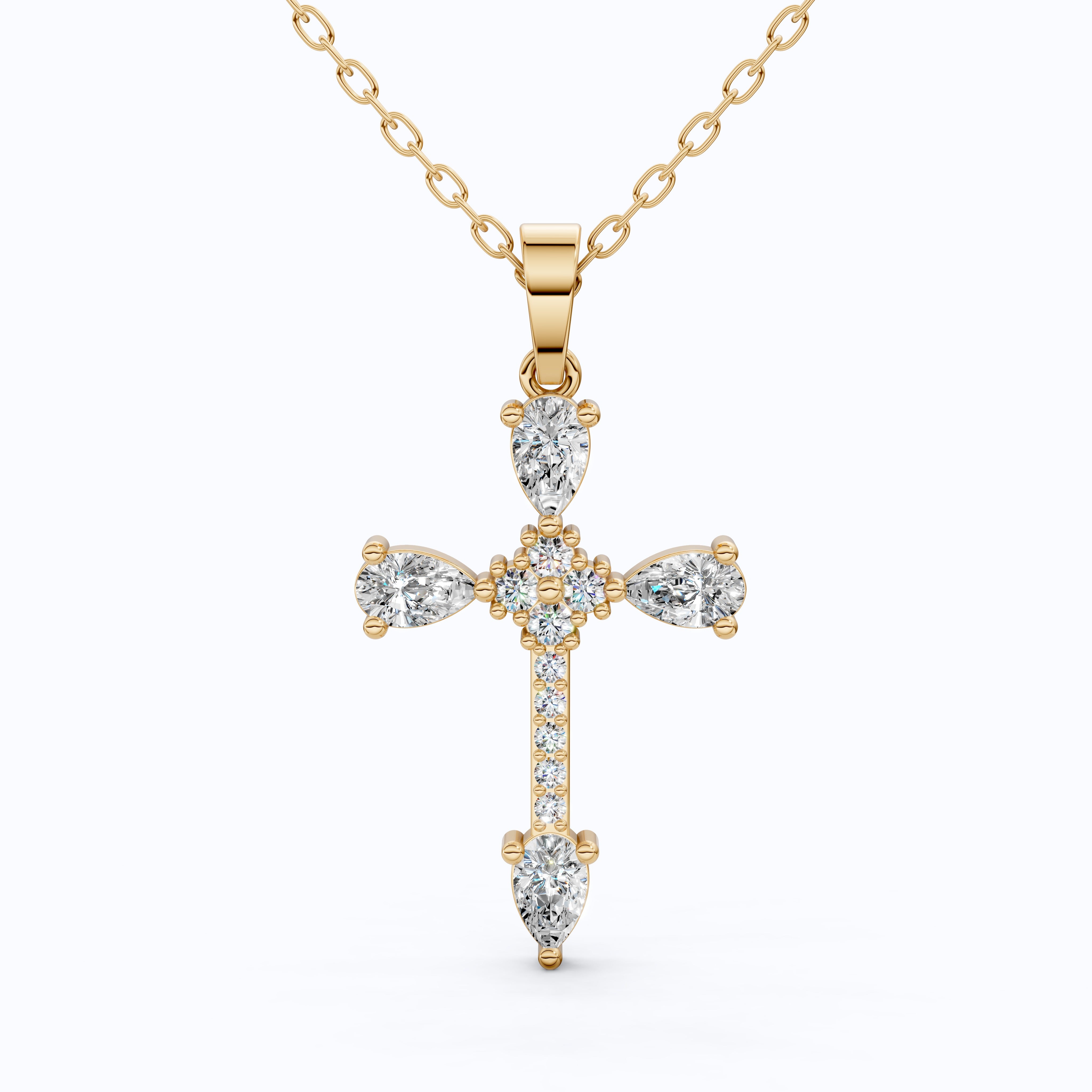 Classic Pear Cluster Cross Pendant in 14k Solid Gold, 0.75 TCW Pear/Round Cut Lab Grown Diamonds, Faith, Bridal Gift