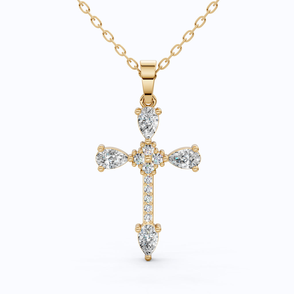Classic Pear Cluster Cross Pendant in 14k Solid Gold, 0.75 TCW Pear/Round Cut Lab Grown Diamonds, Faith, Bridal Gift