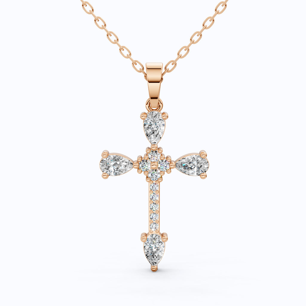 Classic Pear Cluster Cross Pendant in 14k Solid Gold, 0.75 TCW Pear/Round Cut Lab Grown Diamonds, Faith, Bridal Gift