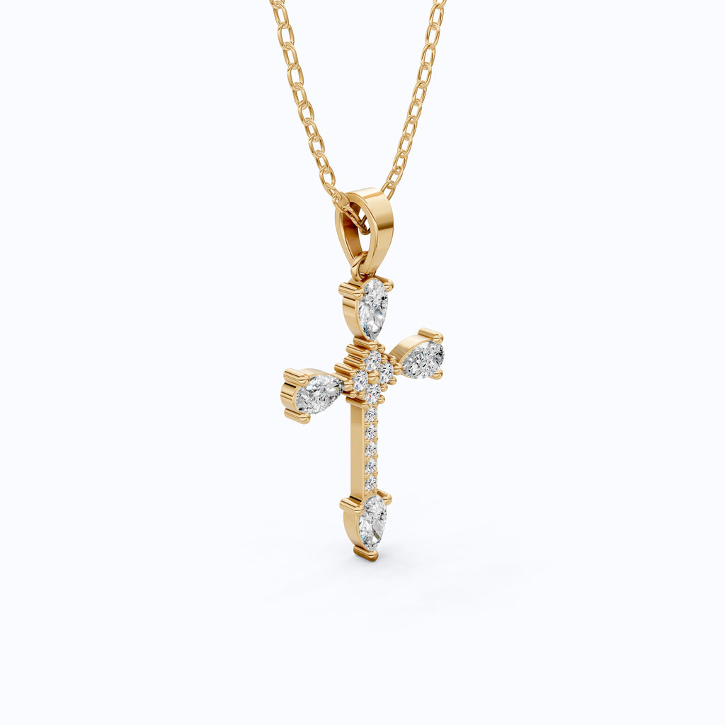 Classic Pear Cluster Cross Pendant in 14k Solid Gold, 0.75 TCW Pear/Round Cut Lab Grown Diamonds, Faith, Bridal Gift