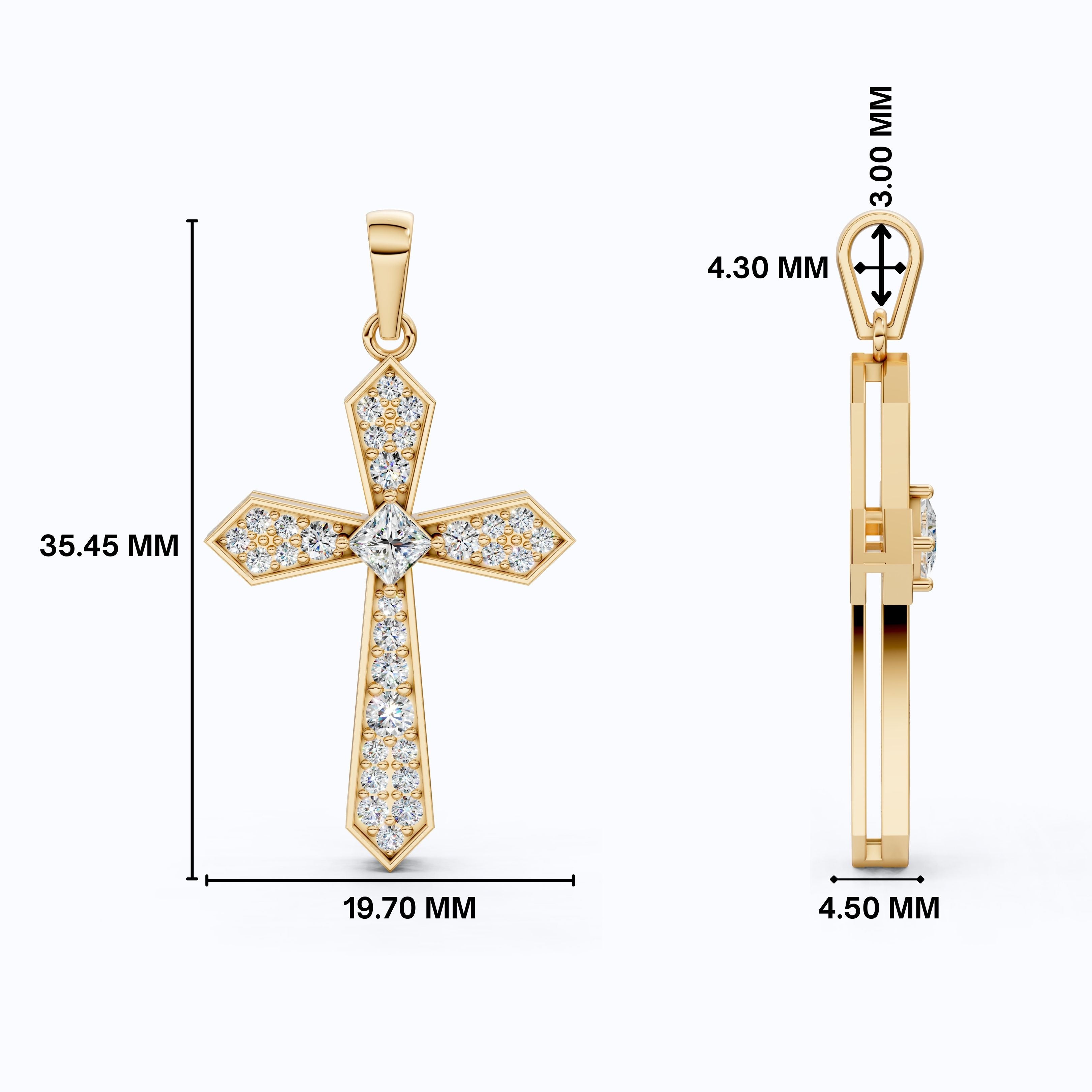 Modern Geometric Cross Pendant in 14k Solid Gold, 0.74 TCW Princess/Round Cut Lab Grown Diamonds, Gift for Her, Religious Jewelry
