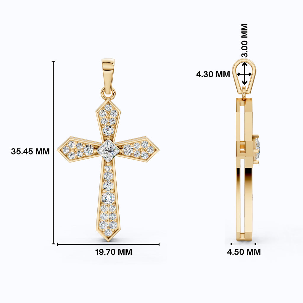 Modern Geometric Cross Pendant in 14k Solid Gold, 0.74 TCW Princess/Round Cut Lab Grown Diamonds, Gift for Her, Religious Jewelry
