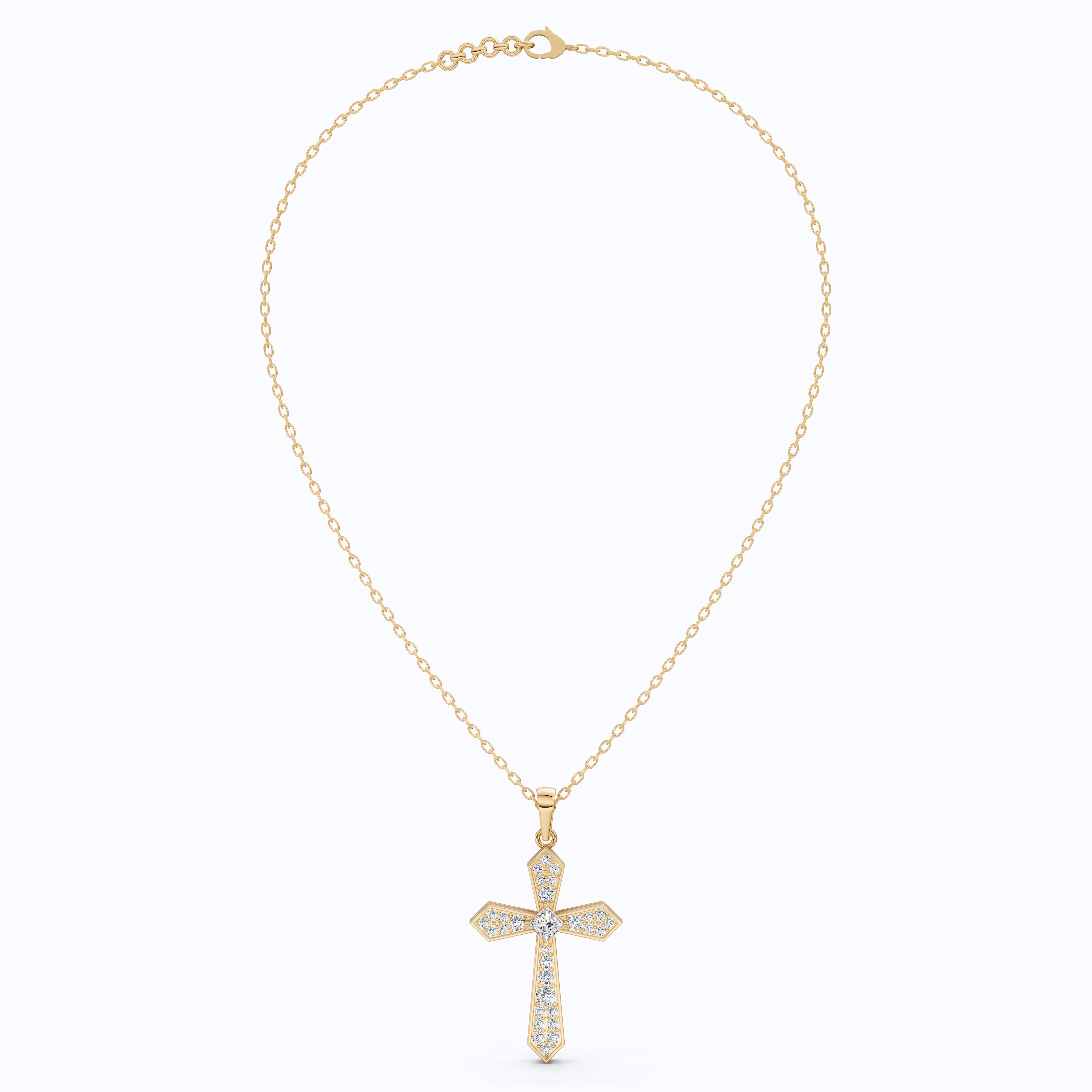 Modern Geometric Cross Pendant in 14k Solid Gold, 0.74 TCW Princess/Round Cut Lab Grown Diamonds, Gift for Her, Religious Jewelry
