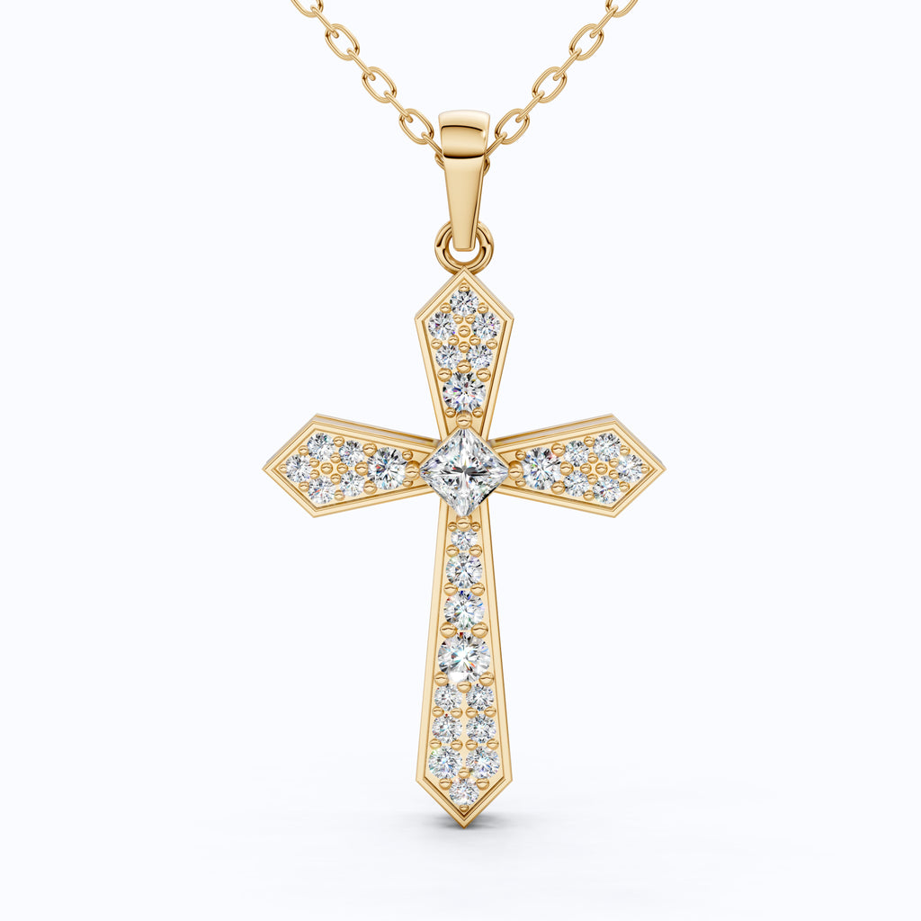 Modern Geometric Cross Pendant in 14k Solid Gold, 0.74 TCW Princess/Round Cut Lab Grown Diamonds, Gift for Her, Religious Jewelry