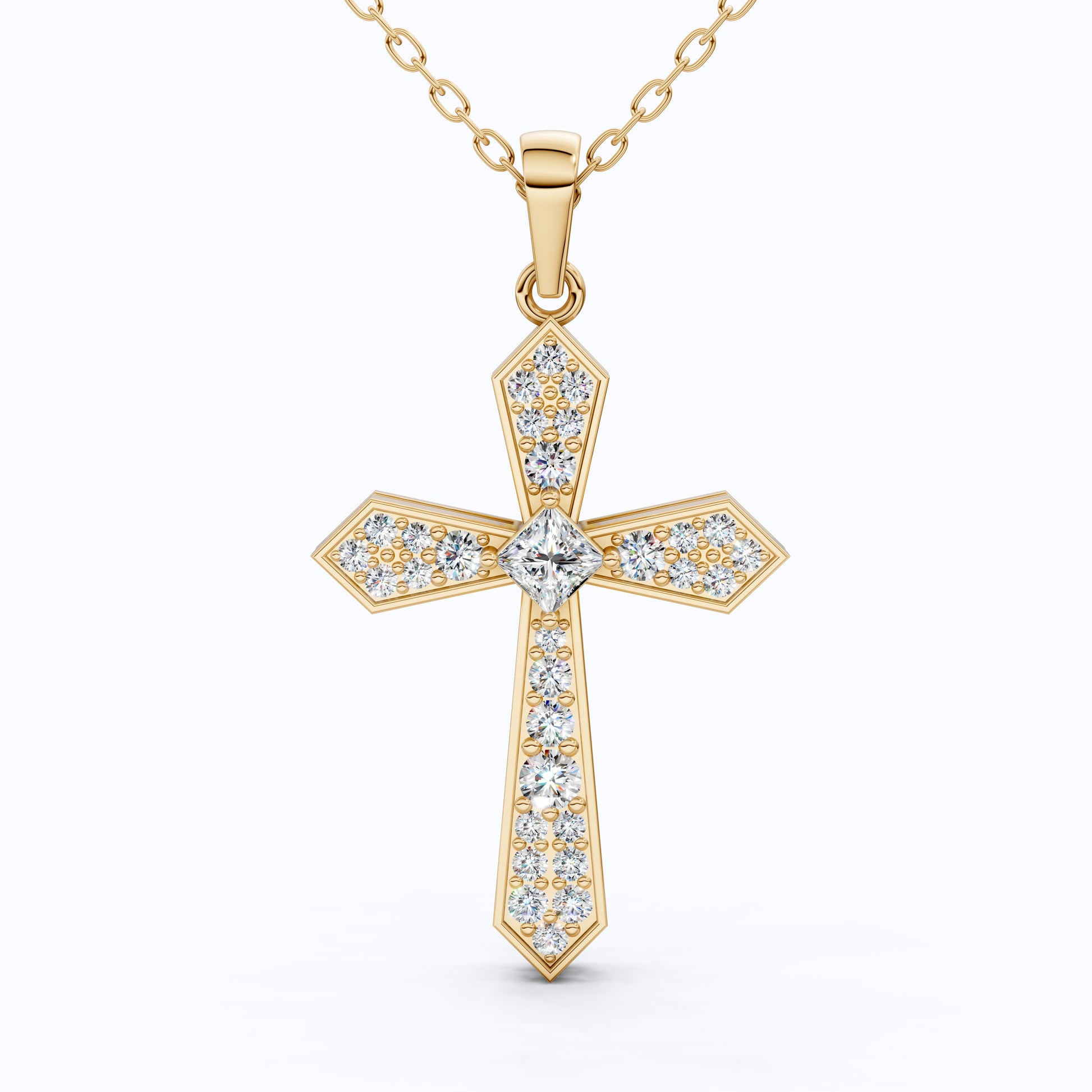 Modern Geometric Cross Pendant in 14k Solid Gold, 0.74 TCW Princess/Round Cut Lab Grown Diamonds, Gift for Her, Religious Jewelry