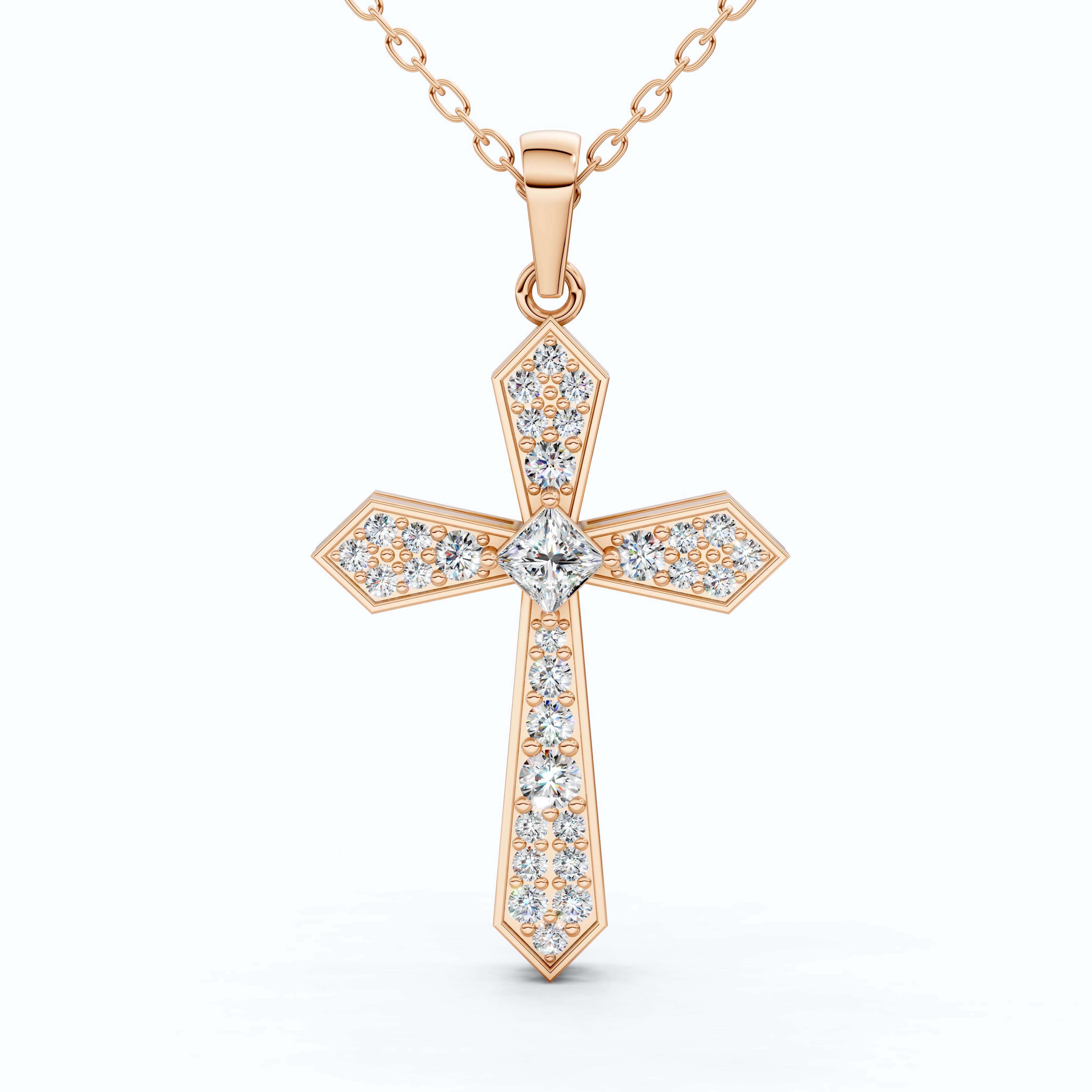 Modern Geometric Cross Pendant in 14k Solid Gold, 0.74 TCW Princess/Round Cut Lab Grown Diamonds, Gift for Her, Religious Jewelry