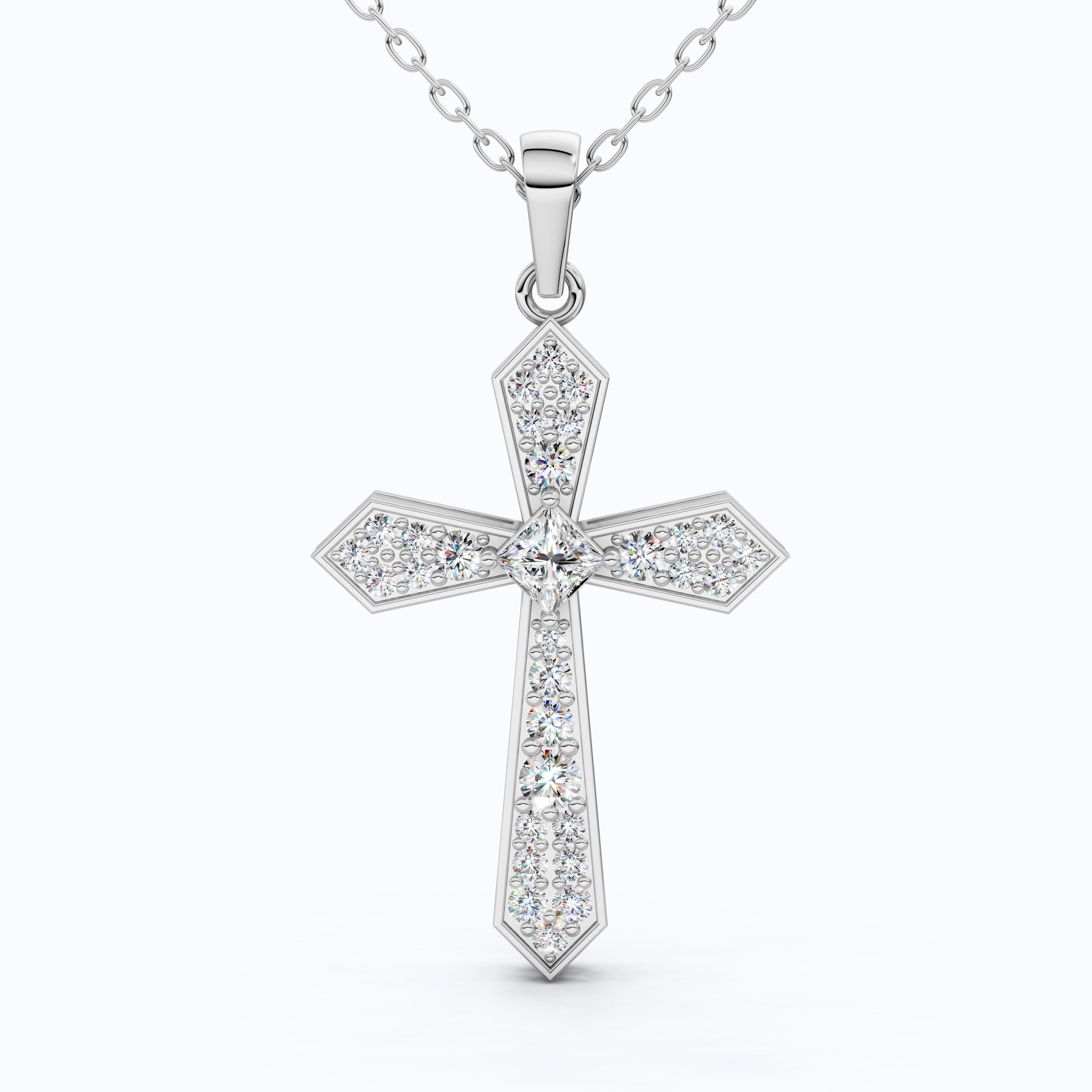 Modern Geometric Cross Pendant in 14k Solid Gold, 0.74 TCW Princess/Round Cut Lab Grown Diamonds, Gift for Her, Religious Jewelry