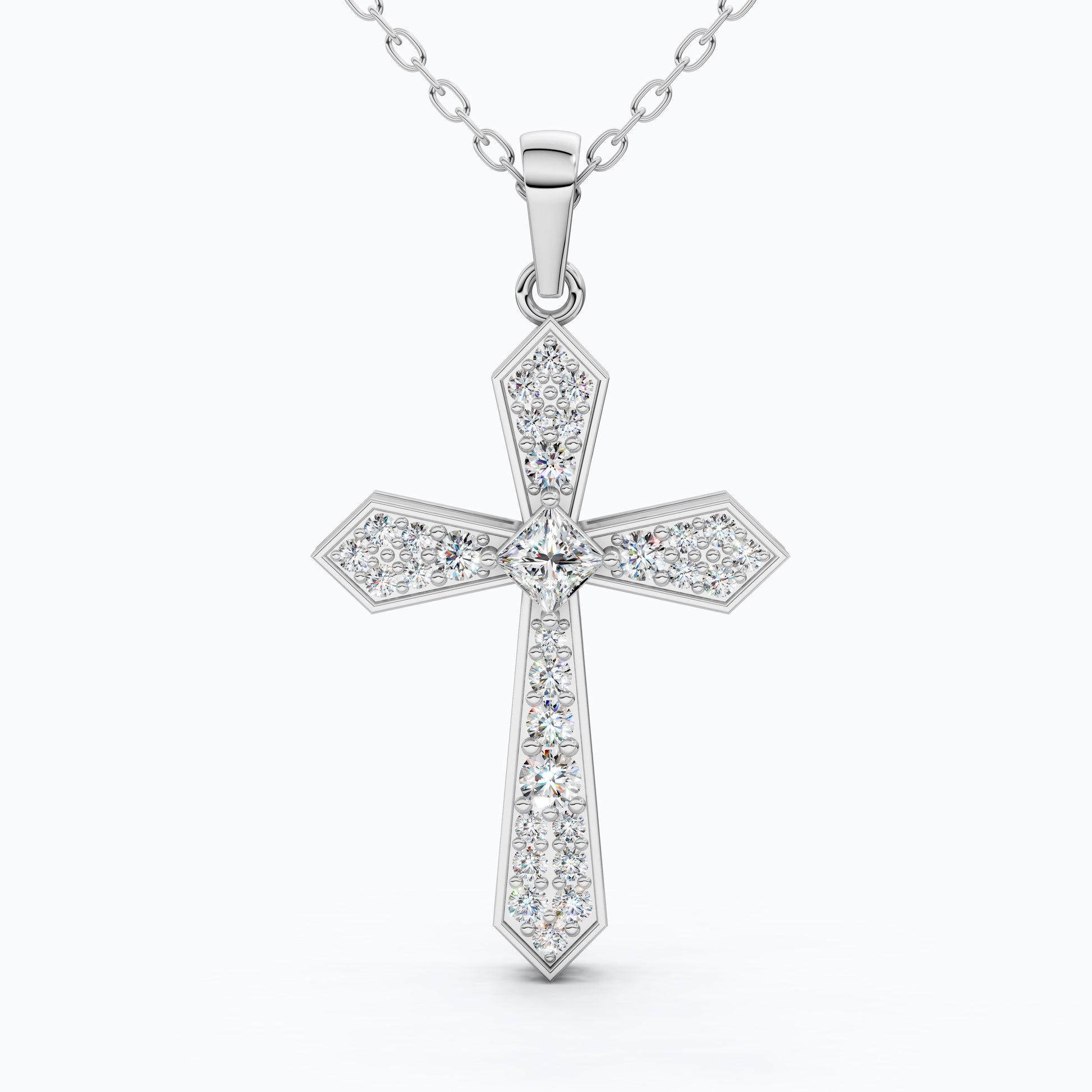 Modern Geometric Cross Pendant in 14k Solid Gold, 0.74 TCW Princess/Round Cut Lab Grown Diamonds, Gift for Her, Religious Jewelry