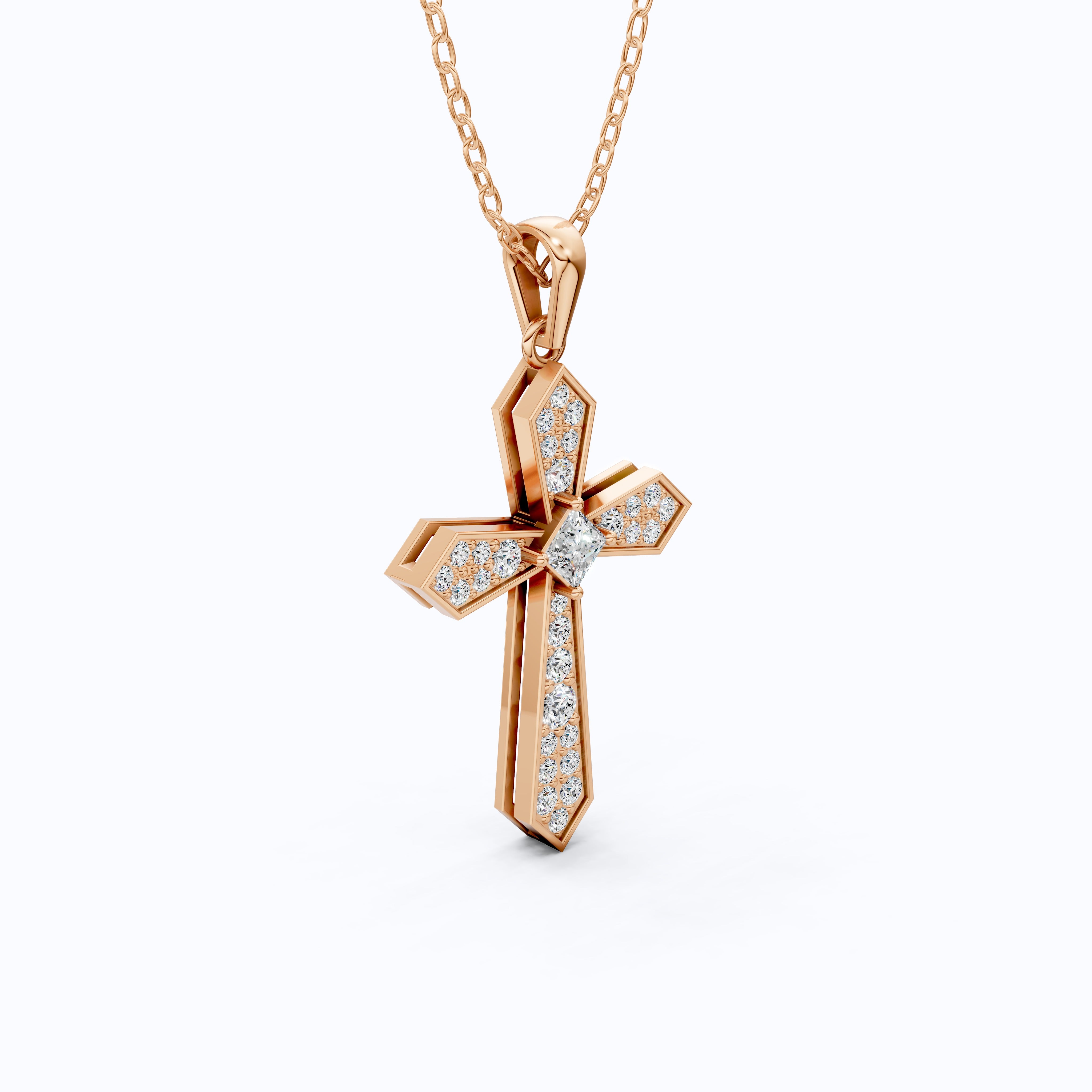 Modern Geometric Cross Pendant in 14k Solid Gold, 0.74 TCW Princess/Round Cut Lab Grown Diamonds, Gift for Her, Religious Jewelry