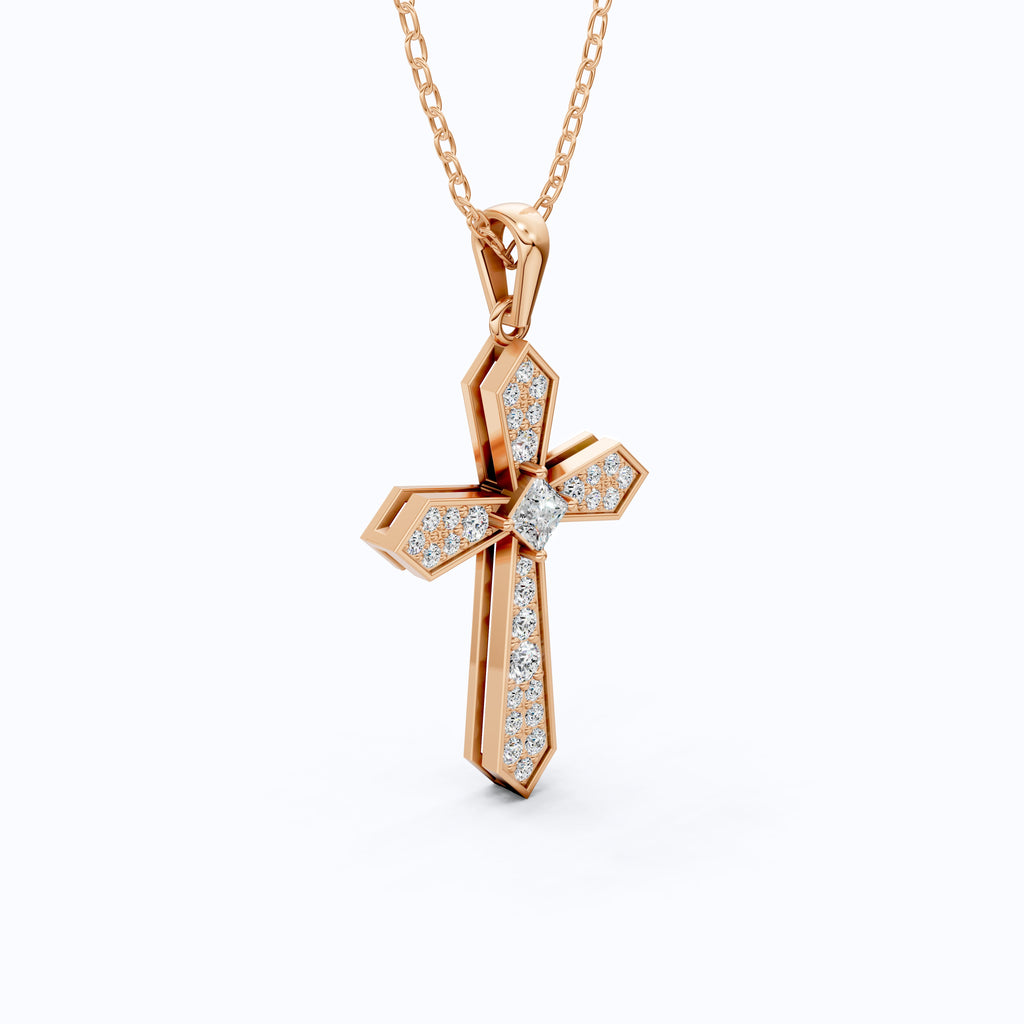 Modern Geometric Cross Pendant in 14k Solid Gold, 0.74 TCW Princess/Round Cut Lab Grown Diamonds, Gift for Her, Religious Jewelry
