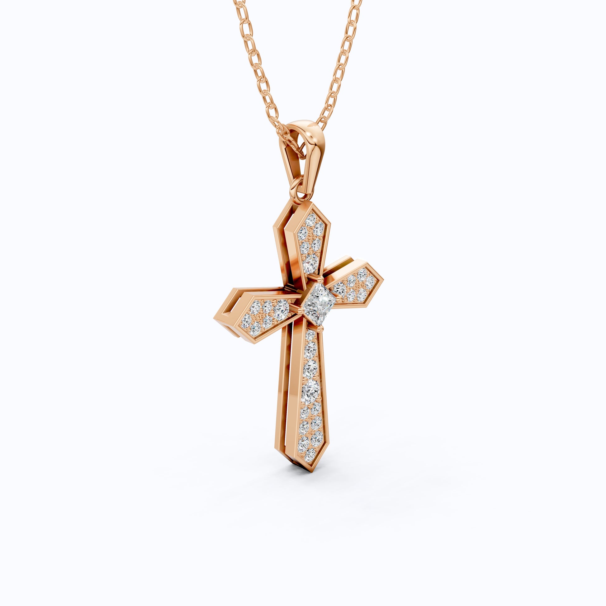 Modern Geometric Cross Pendant in 14k Solid Gold, 0.74 TCW Princess/Round Cut Lab Grown Diamonds, Gift for Her, Religious Jewelry