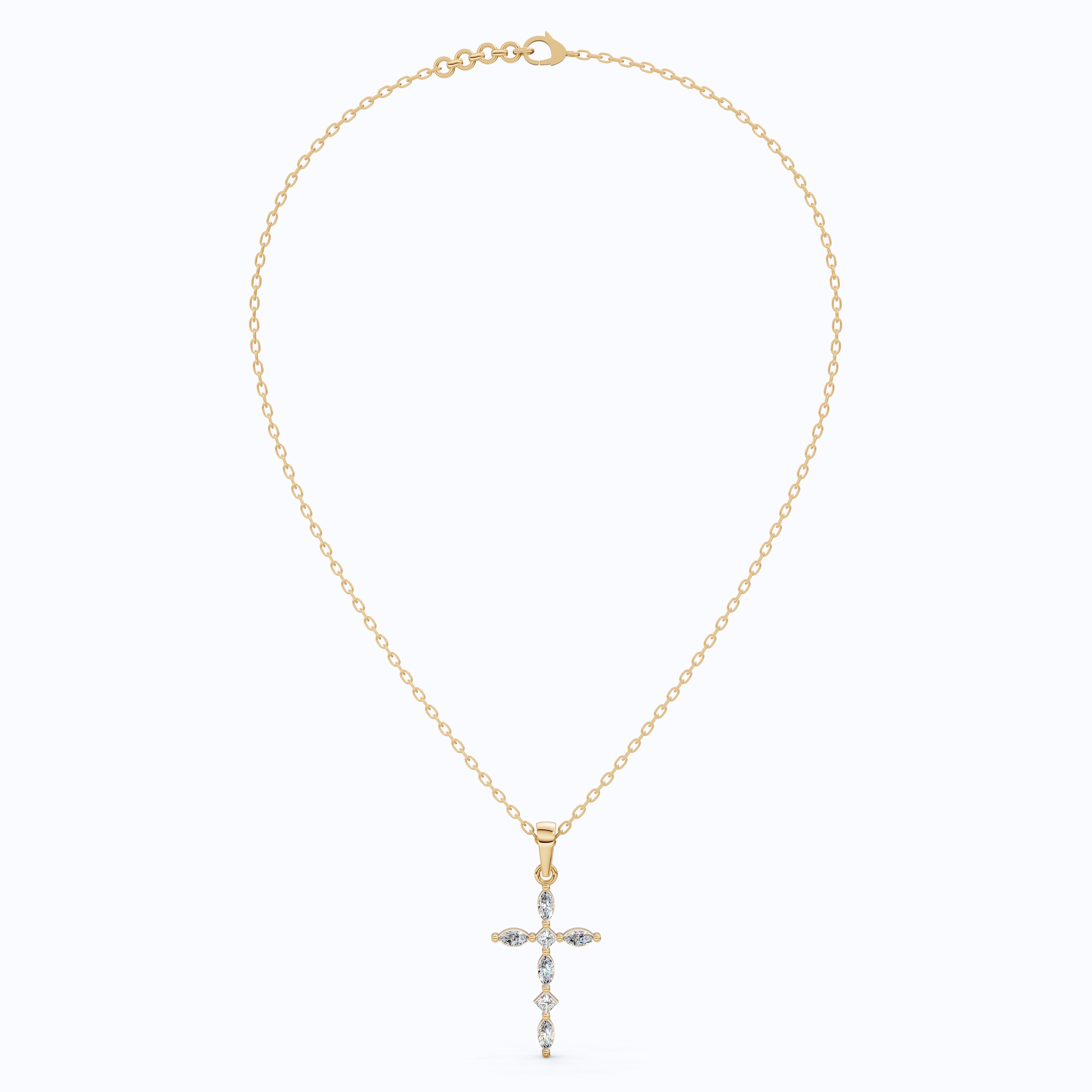 Layered Marquise Cross Pendant in 14k Solid Gold, 0.30 TCW Marquise/Princess Cut Lab Created Diamonds, Baptism Gift