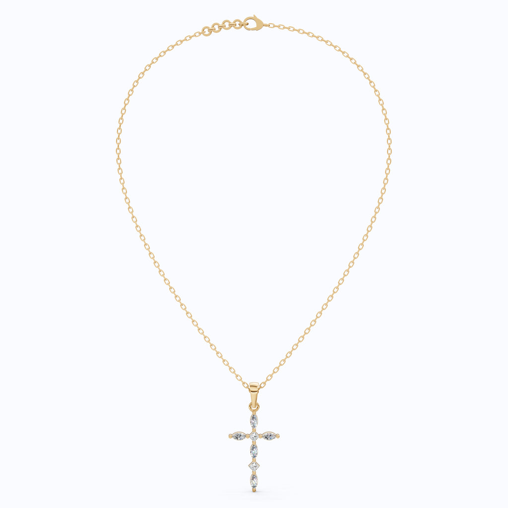 Layered Marquise Cross Pendant in 14k Solid Gold, 0.30 TCW Marquise/Princess Cut Lab Created Diamonds, Baptism Gift