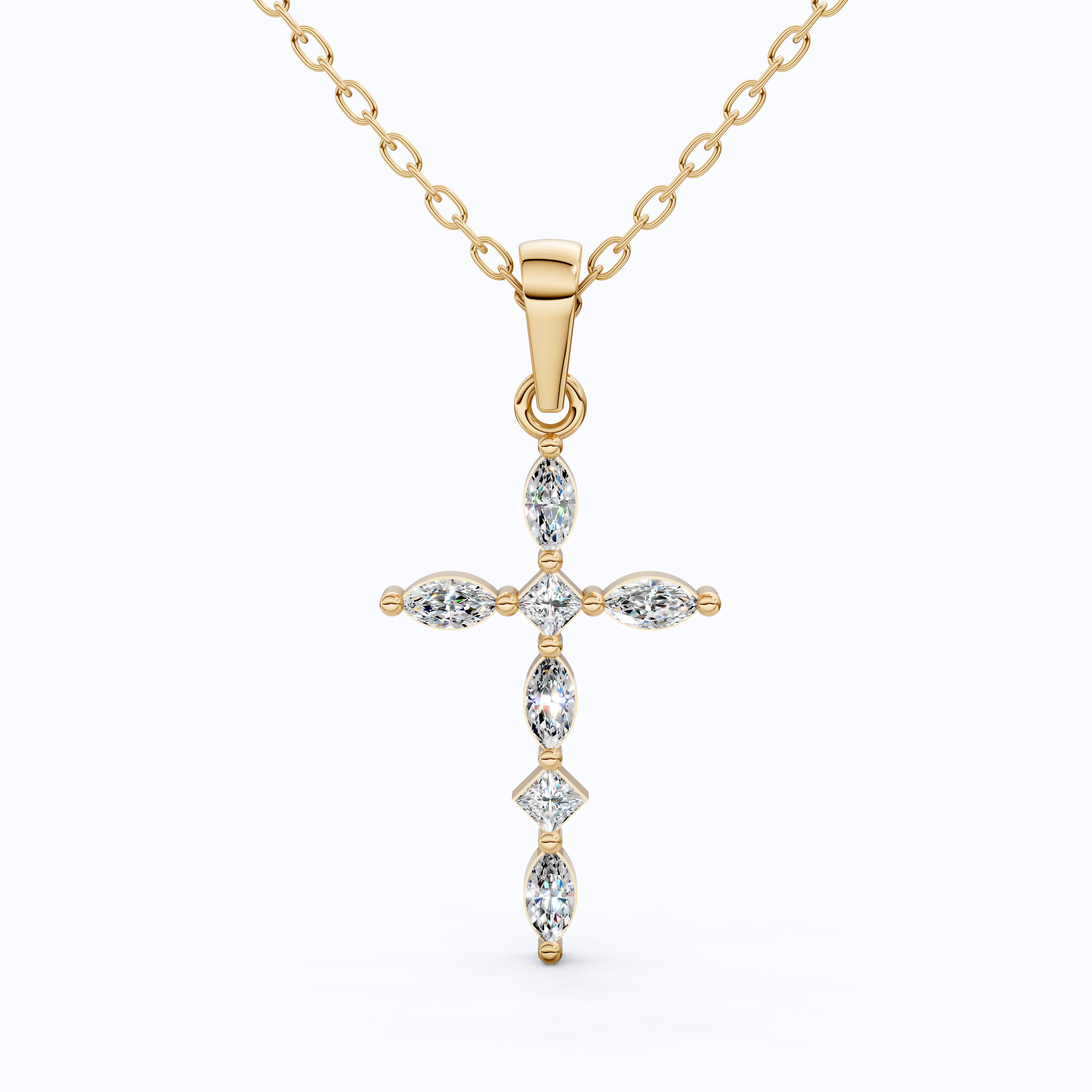 Layered Marquise Cross Pendant in 14k Solid Gold, 0.30 TCW Marquise/Princess Cut Lab Created Diamonds, Baptism Gift