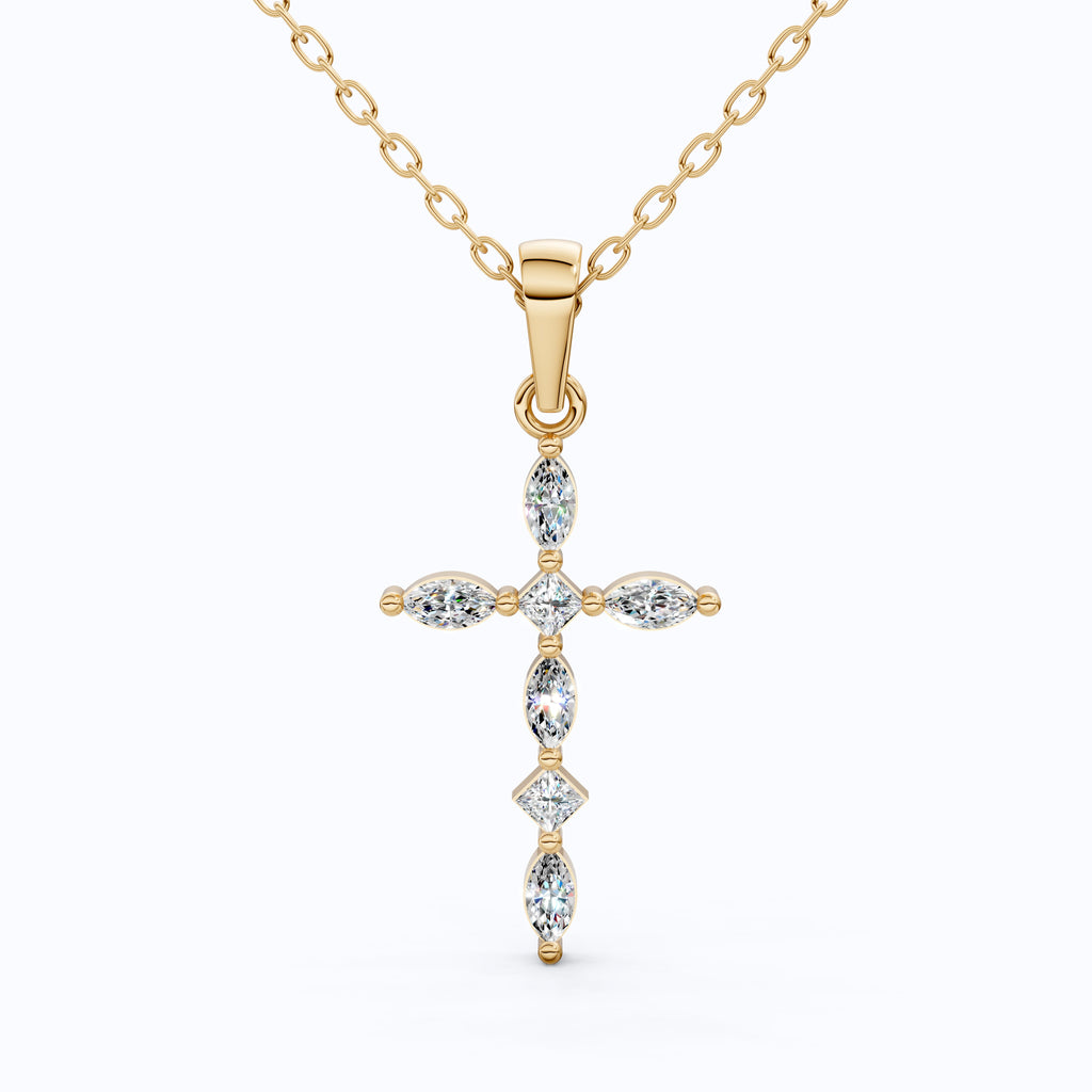 Layered Marquise Cross Pendant in 14k Solid Gold, 0.30 TCW Marquise/Princess Cut Lab Created Diamonds, Baptism Gift