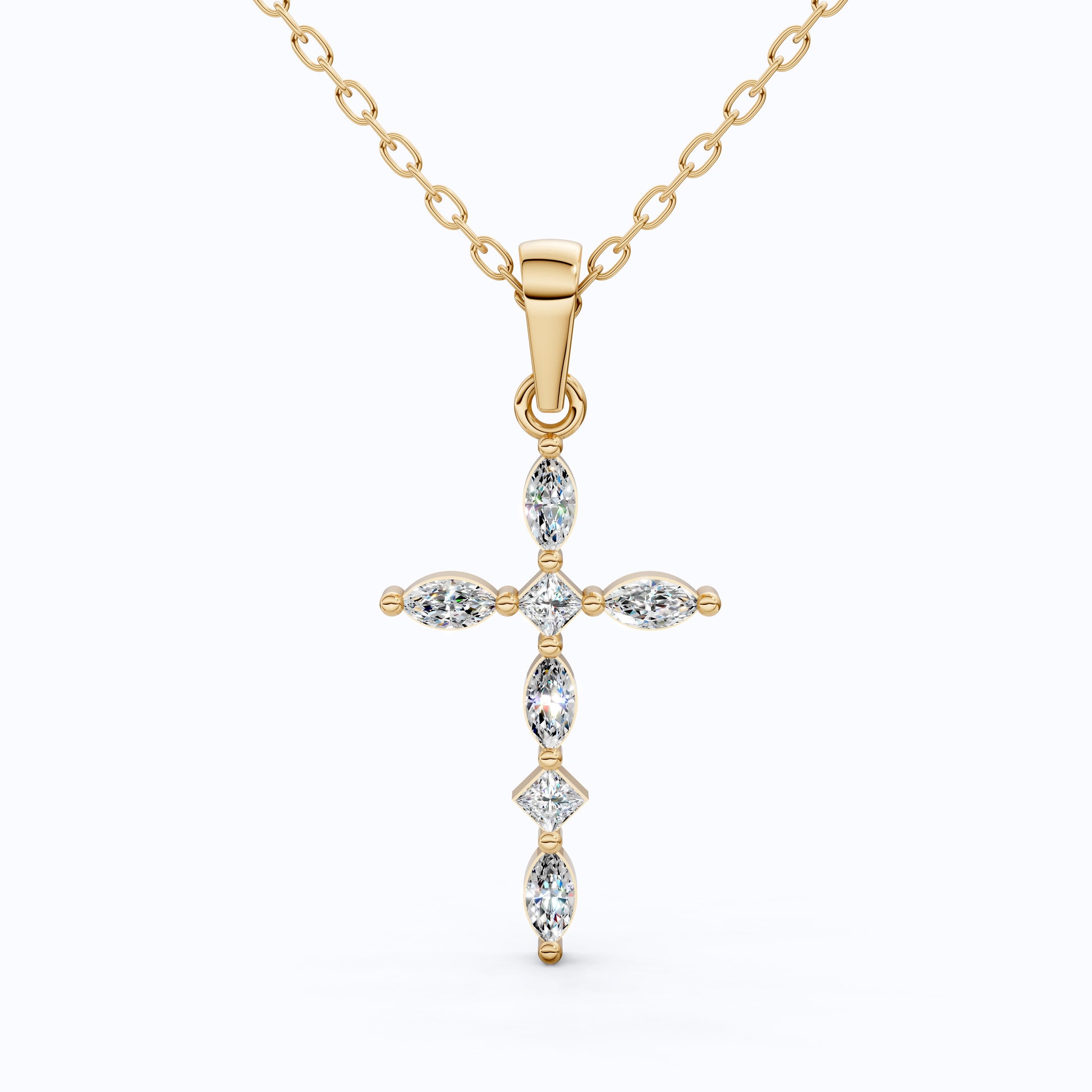 Layered Marquise Cross Pendant in 14k Solid Gold, 0.30 TCW Marquise/Princess Cut Lab Created Diamonds, Baptism Gift
