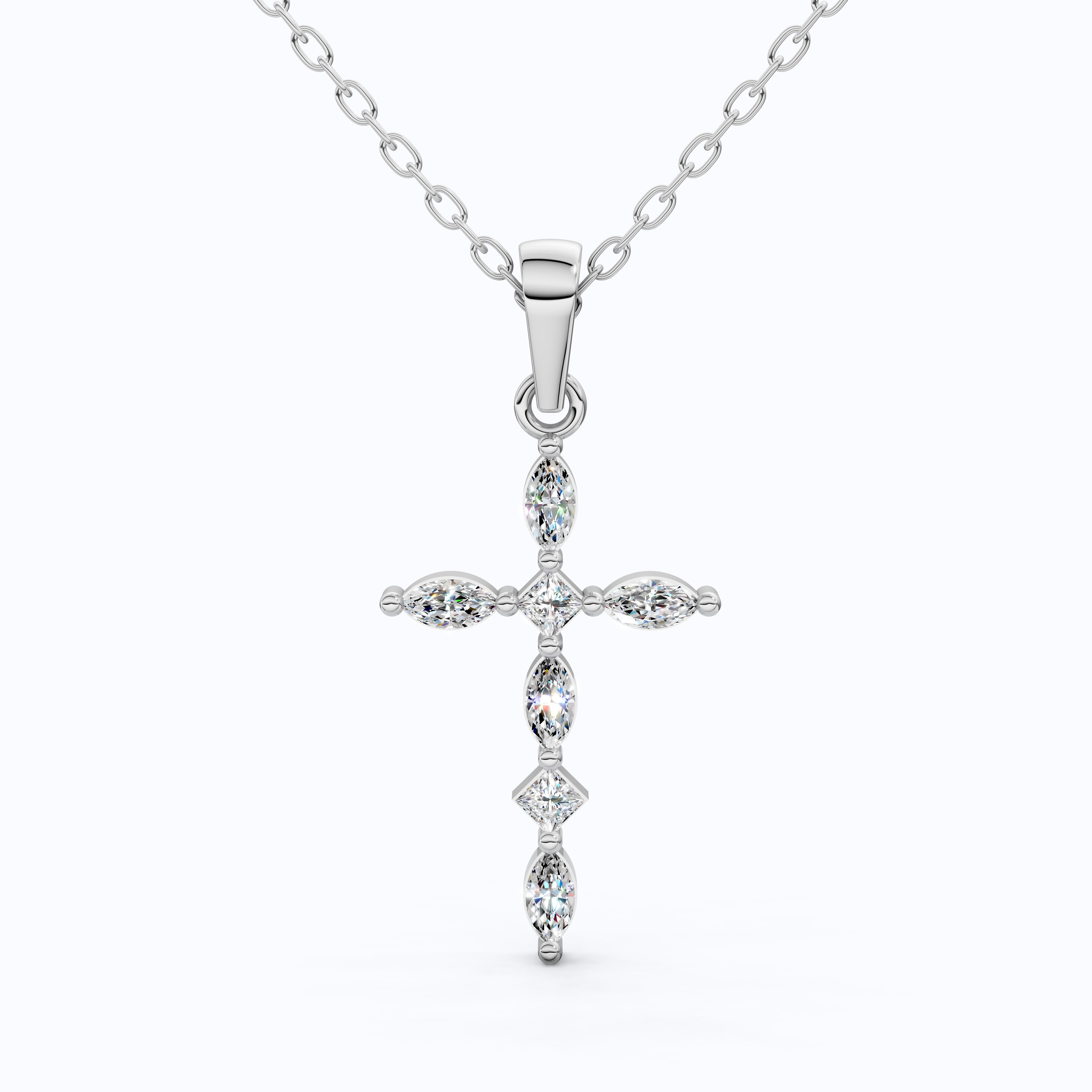 Layered Marquise Cross Pendant in 14k Solid Gold, 0.30 TCW Marquise/Princess Cut Lab Created Diamonds, Baptism Gift