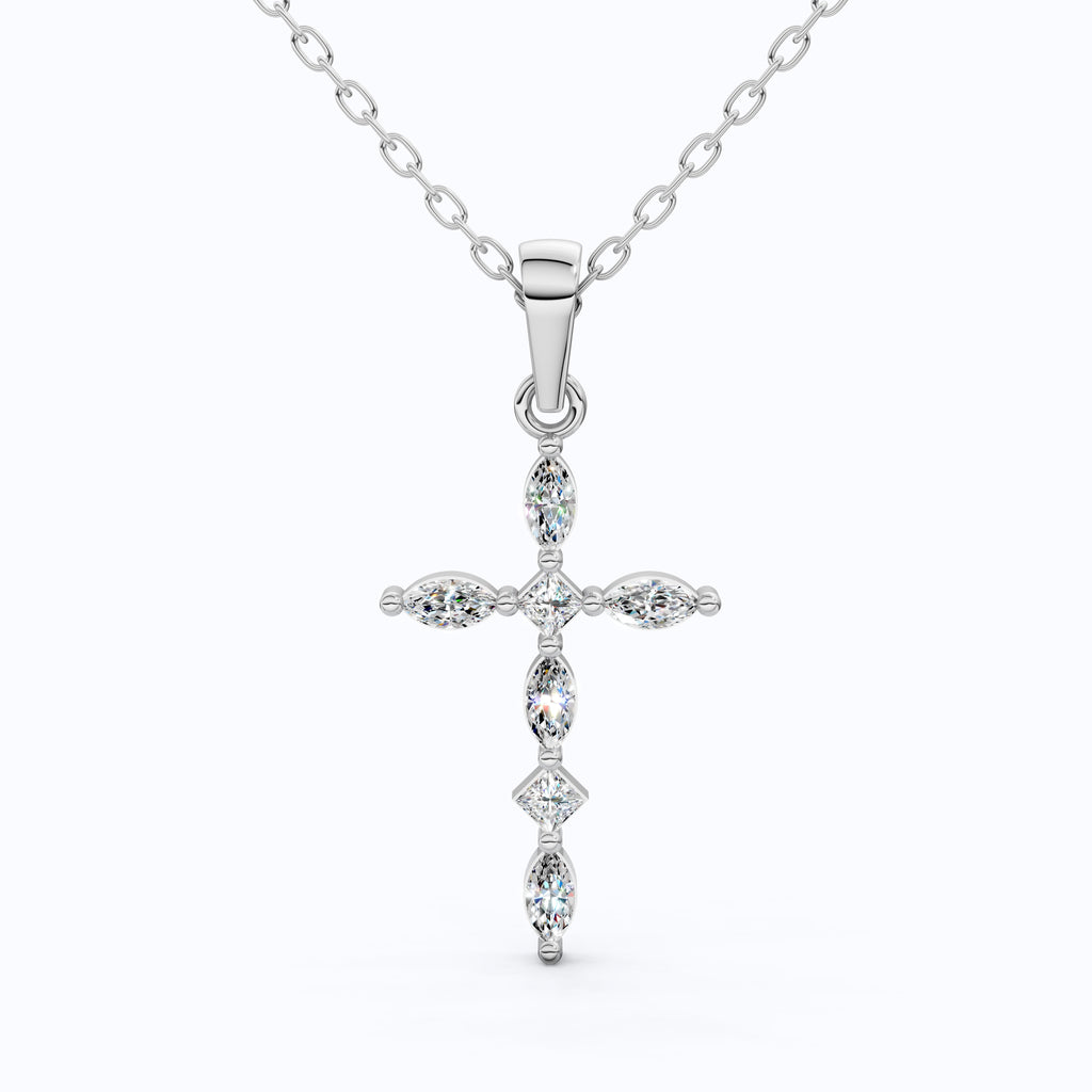 Layered Marquise Cross Pendant in 14k Solid Gold, 0.30 TCW Marquise/Princess Cut Lab Created Diamonds, Baptism Gift