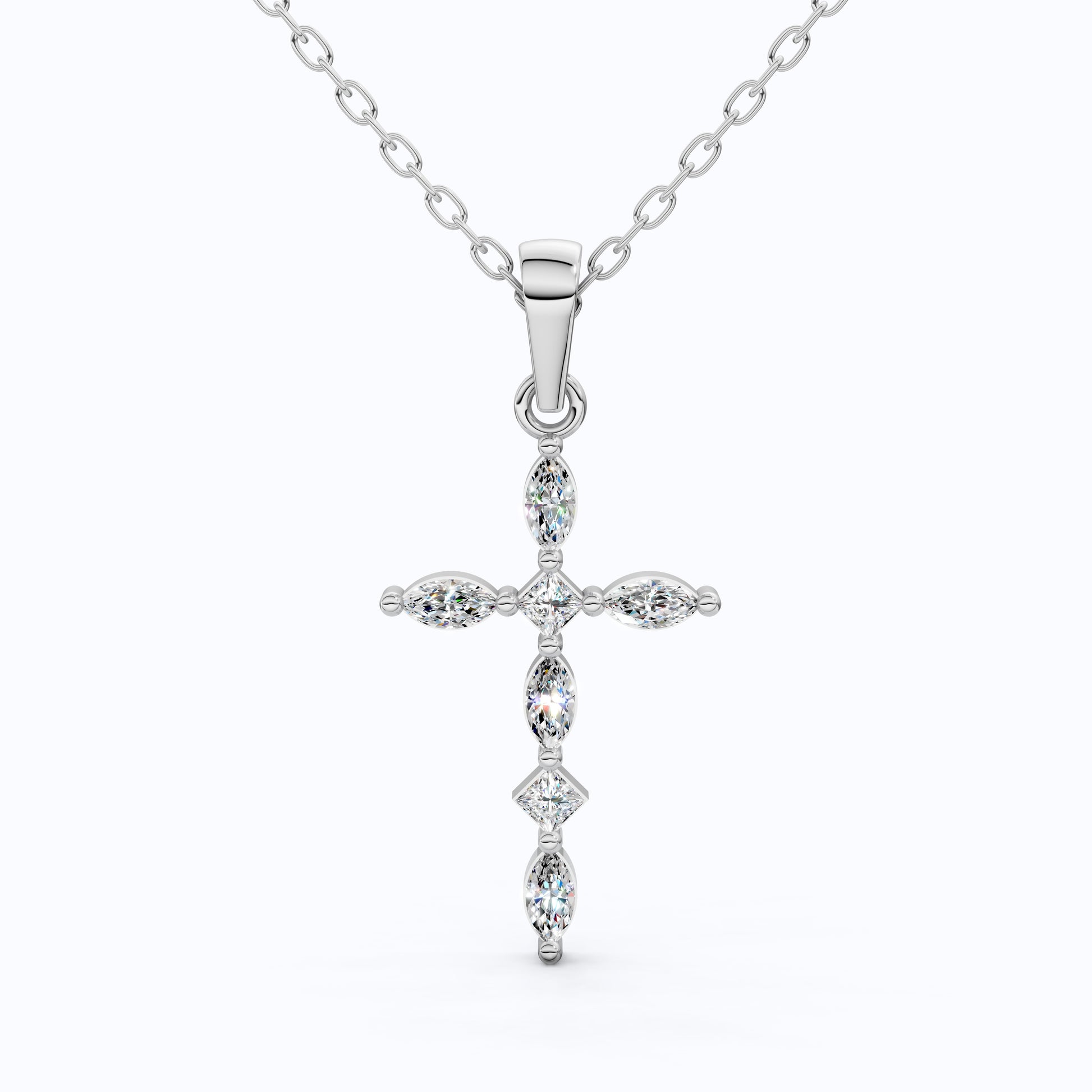 Layered Marquise Cross Pendant in 14k Solid Gold, 0.30 TCW Marquise/Princess Cut Lab Created Diamonds, Baptism Gift
