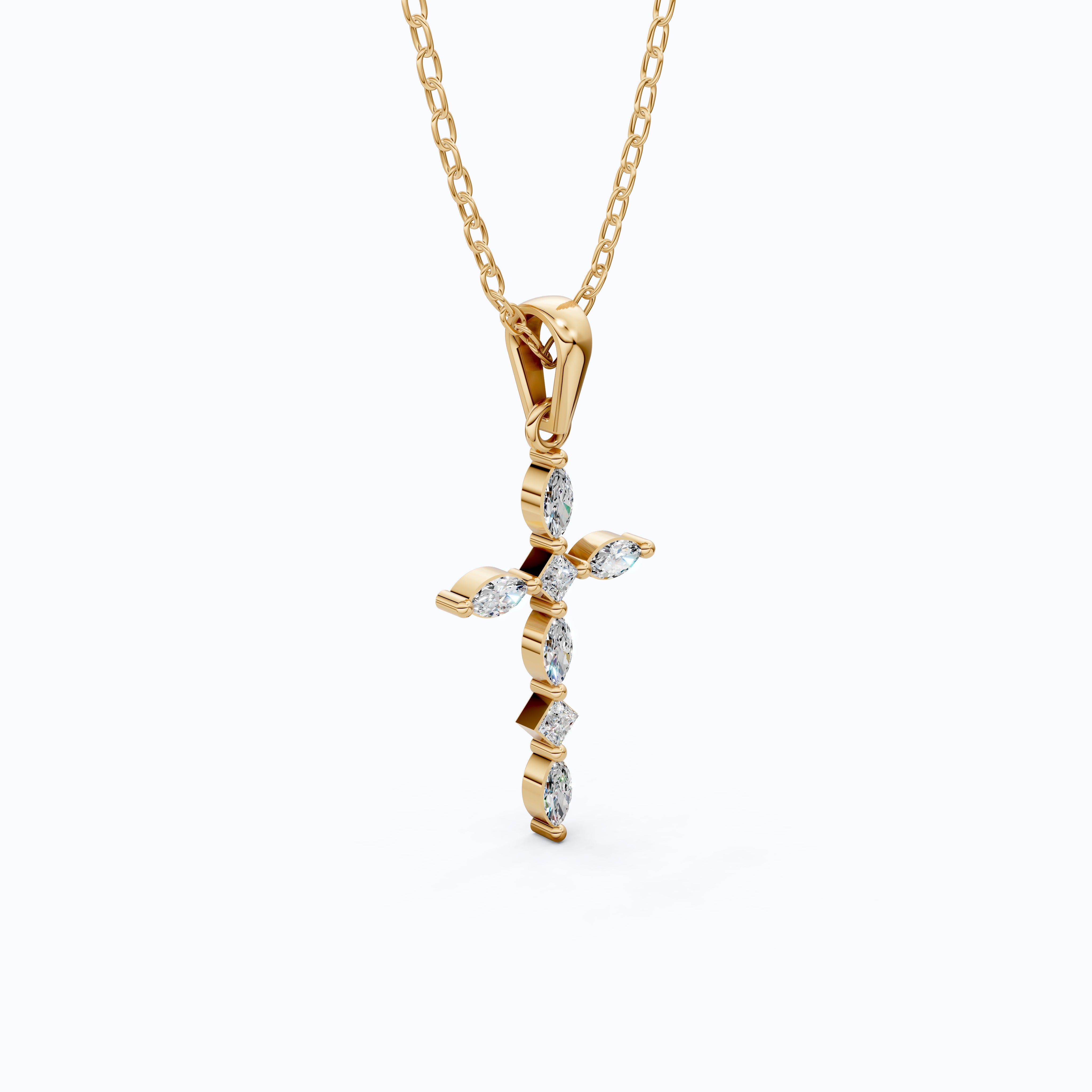 Layered Marquise Cross Pendant in 14k Solid Gold, 0.30 TCW Marquise/Princess Cut Lab Created Diamonds, Baptism Gift