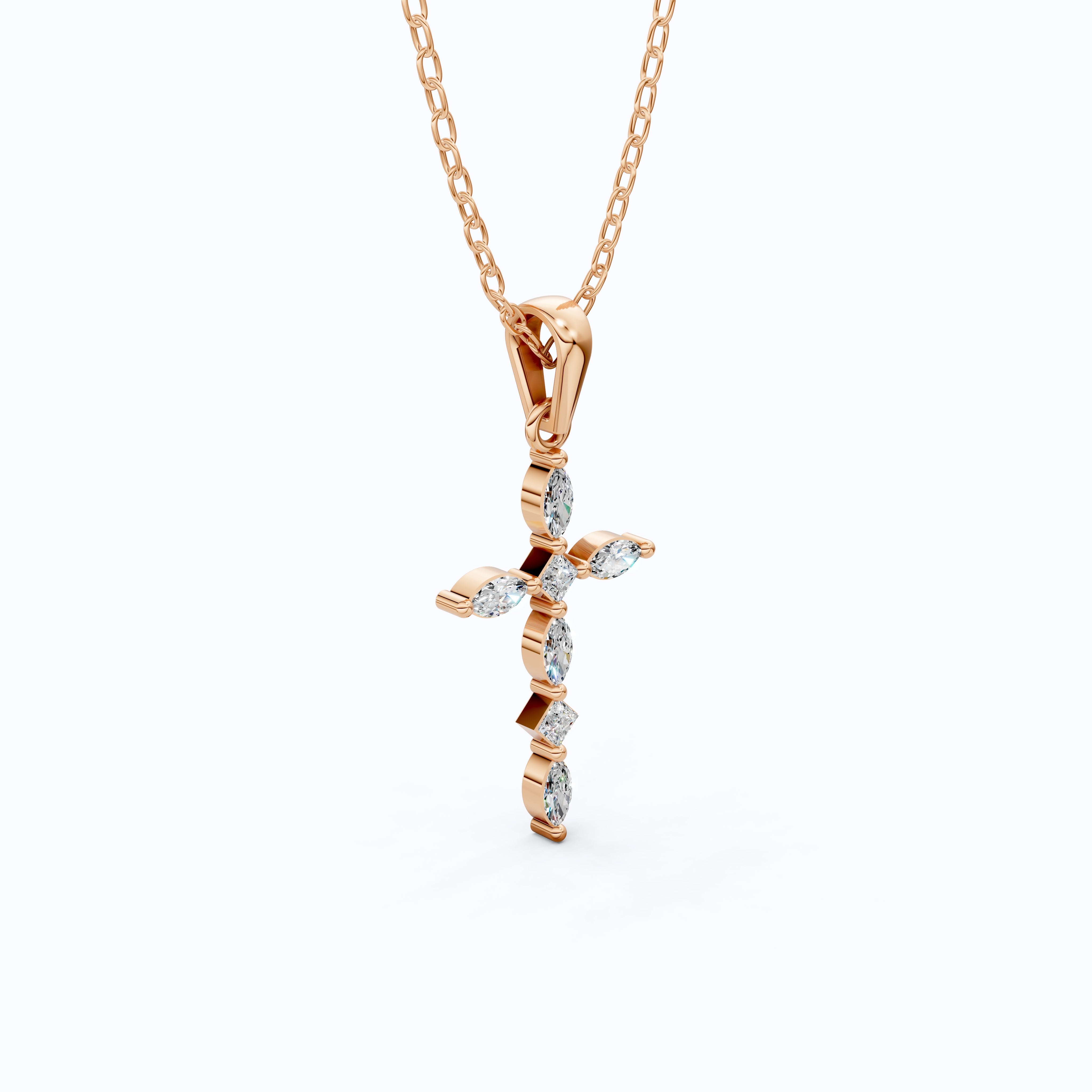 Layered Marquise Cross Pendant in 14k Solid Gold, 0.30 TCW Marquise/Princess Cut Lab Created Diamonds, Baptism Gift
