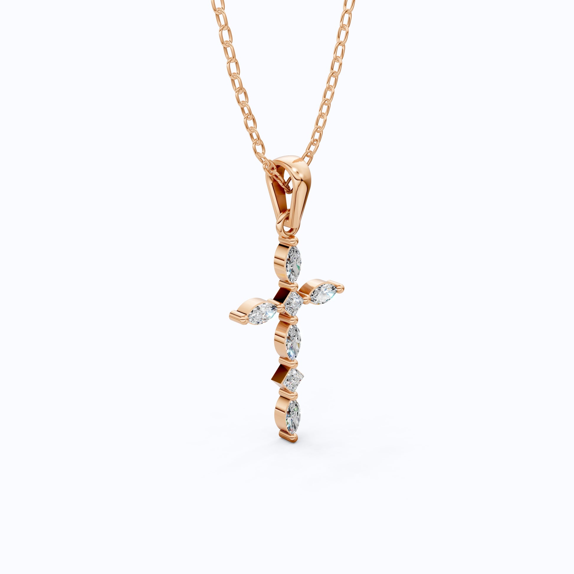 Layered Marquise Cross Pendant in 14k Solid Gold, 0.30 TCW Marquise/Princess Cut Lab Created Diamonds, Baptism Gift