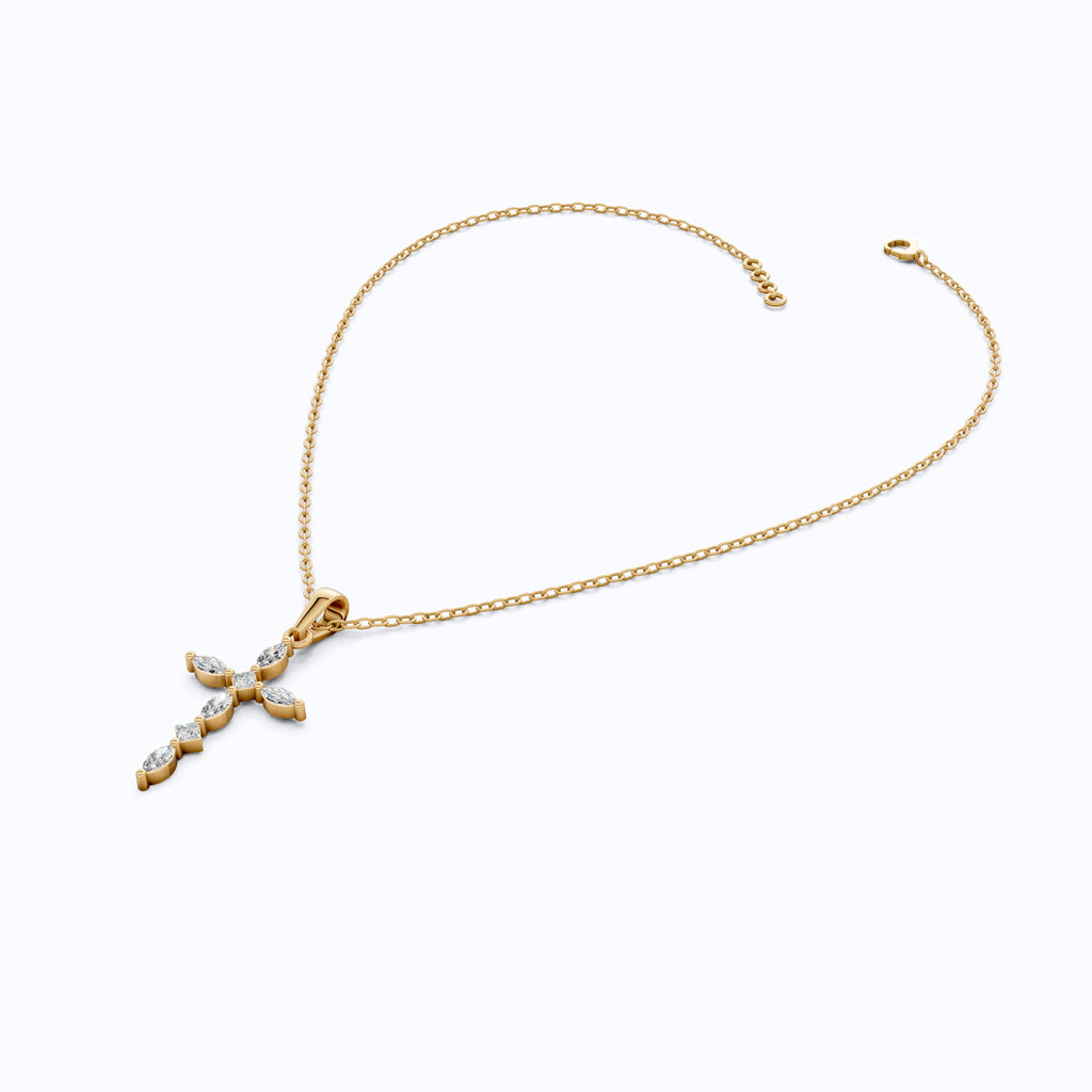 Layered Marquise Cross Pendant in 14k Solid Gold, 0.30 TCW Marquise/Princess Cut Lab Created Diamonds, Baptism Gift