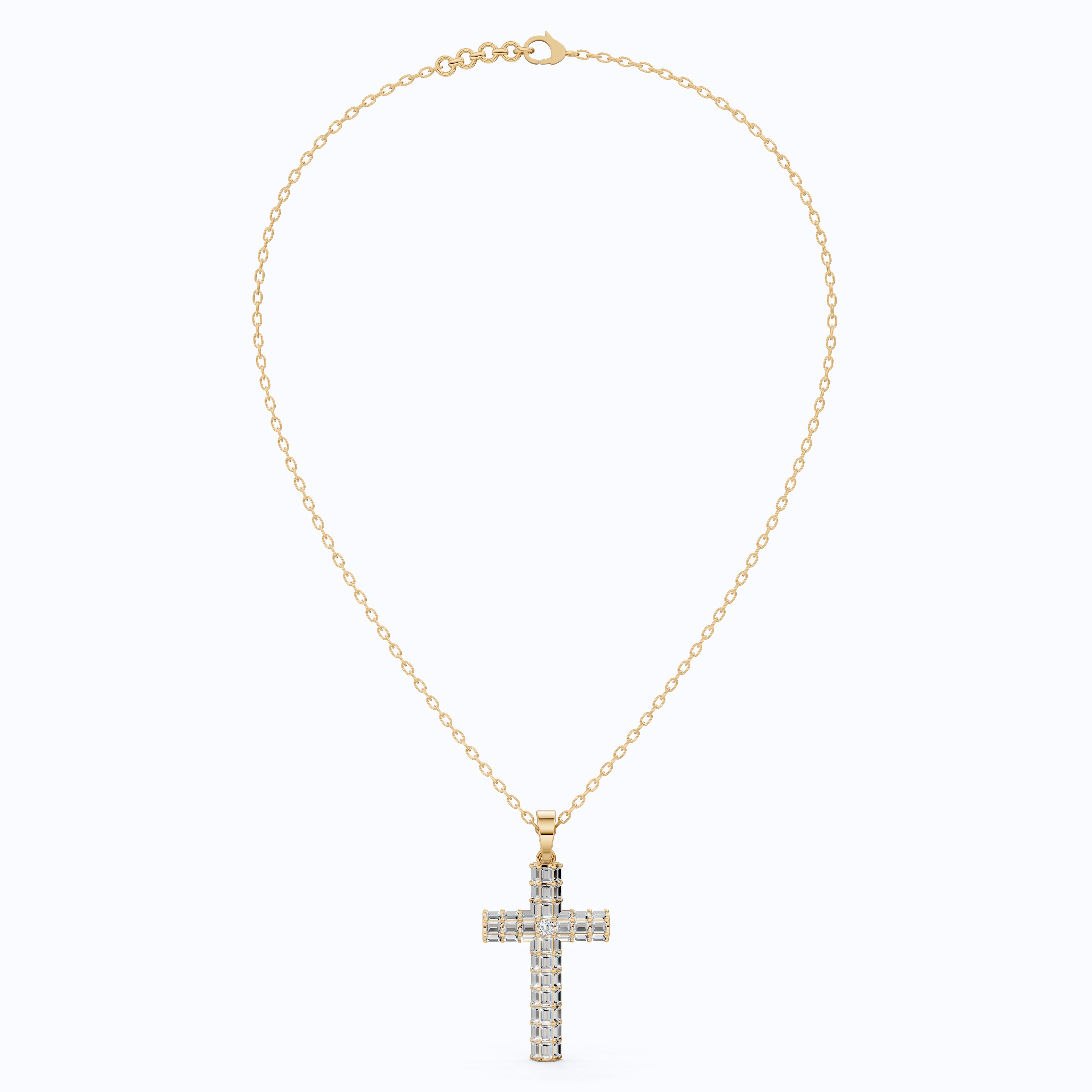 Geometric Baguette Cross Pendant in 14K Solid Gold, 1.98 TCW Baguette/Princess Cut Lab Created Diamonds, Statement Bridal Jewelry, Wedding Gift