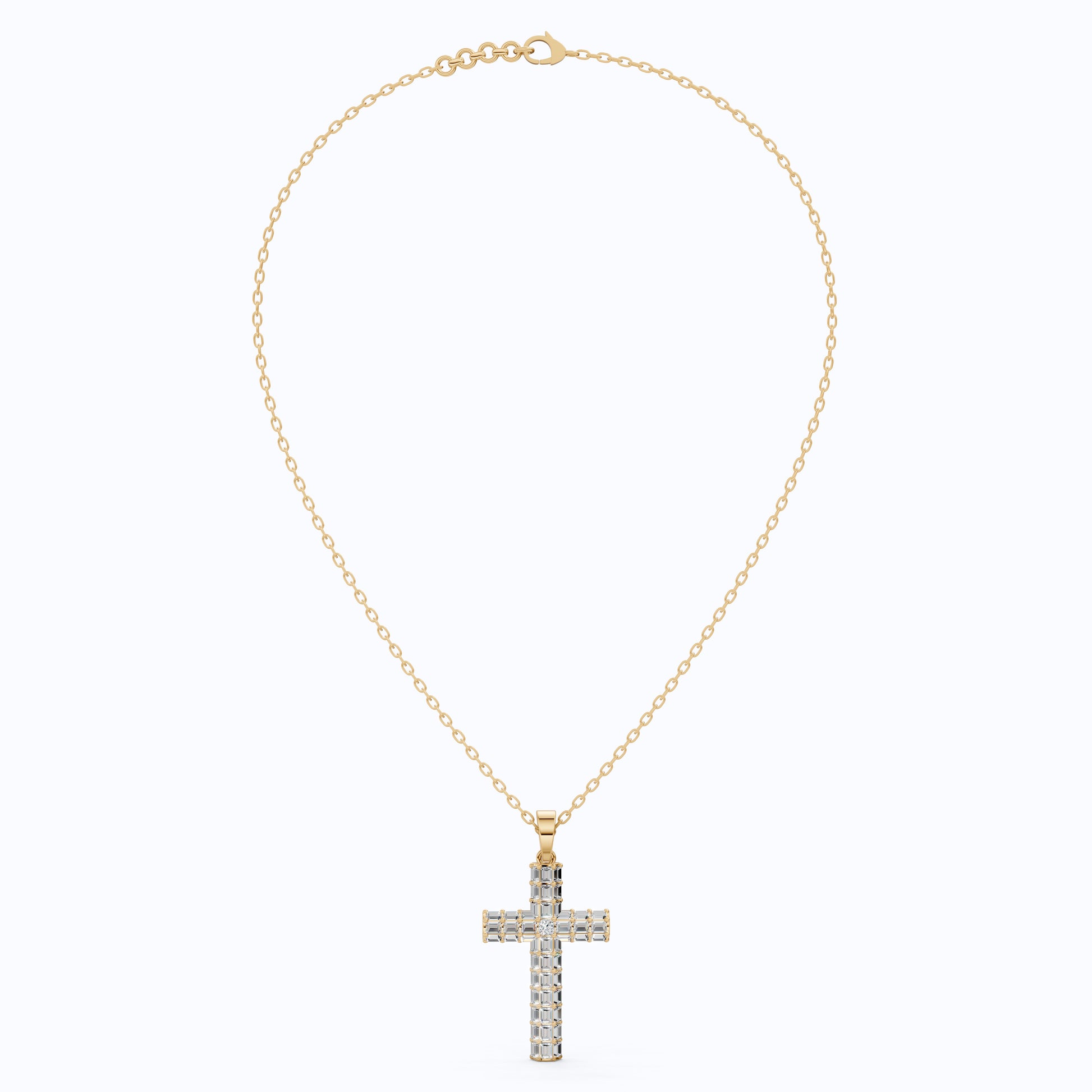 Geometric Baguette Cross Pendant in 14K Solid Gold, 1.98 TCW Baguette/Princess Cut Lab Created Diamonds, Statement Bridal Jewelry, Wedding Gift