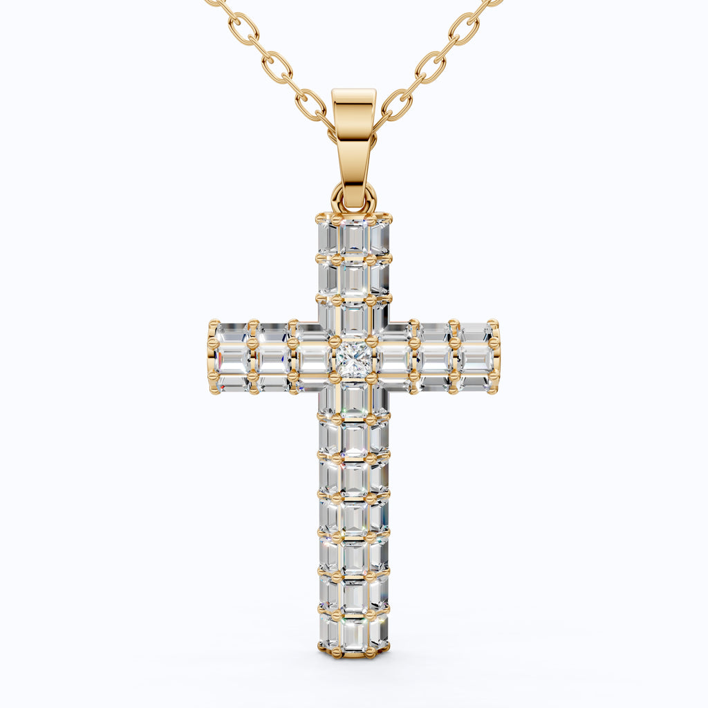 Geometric Baguette Cross Pendant in 14K Solid Gold, 1.98 TCW Baguette/Princess Cut Lab Created Diamonds, Statement Bridal Jewelry, Wedding Gift