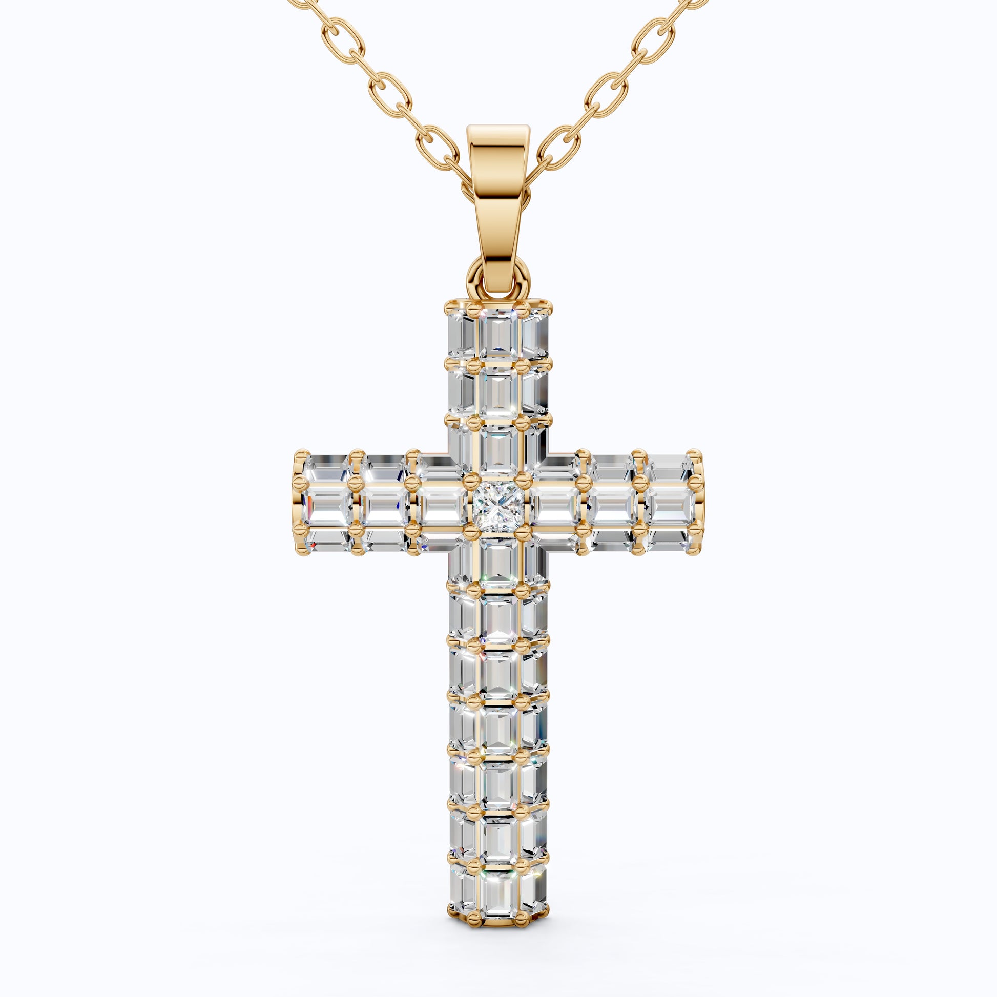 Geometric Baguette Cross Pendant in 14K Solid Gold, 1.98 TCW Baguette/Princess Cut Lab Created Diamonds, Statement Bridal Jewelry, Wedding Gift