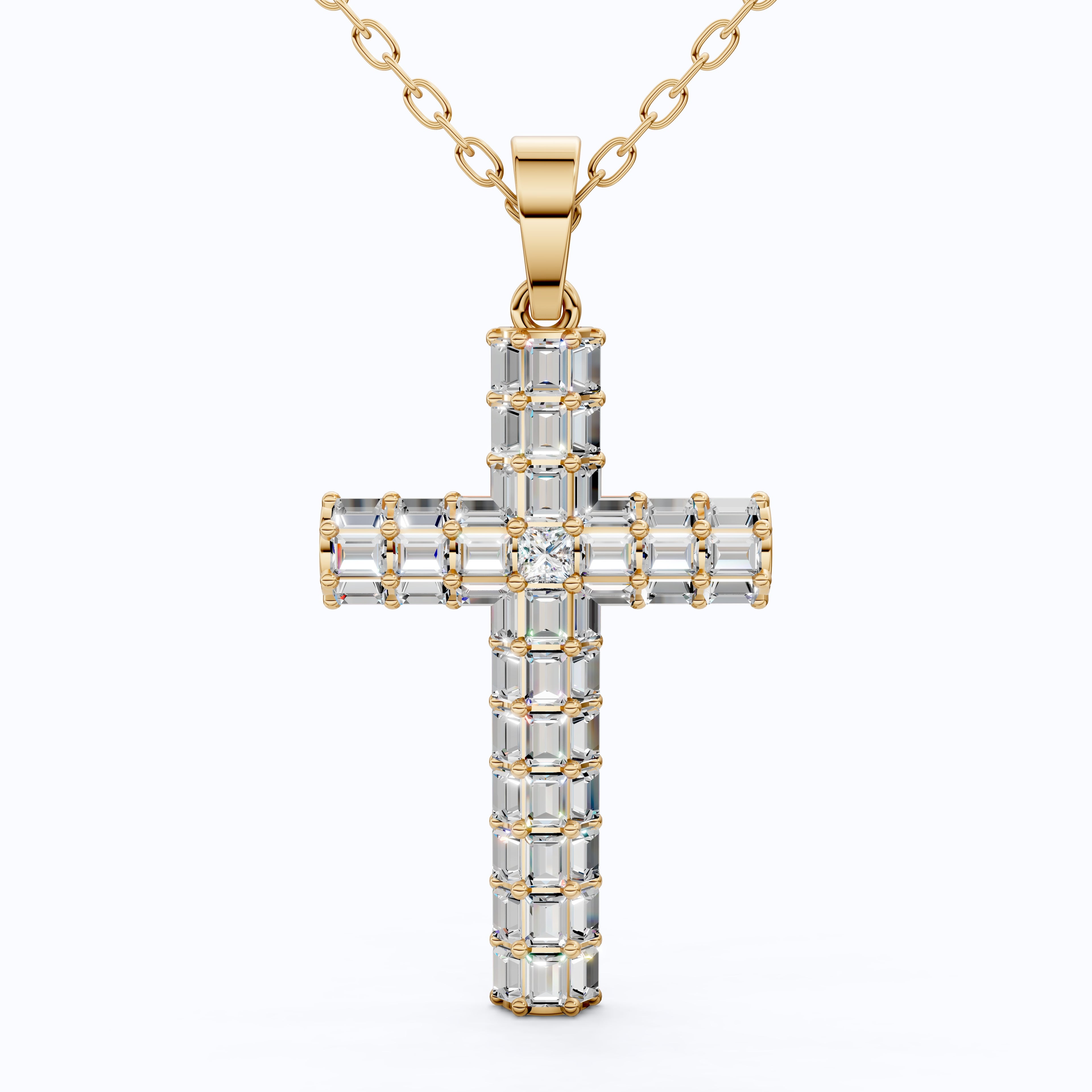 Geometric Baguette Cross Pendant in 14K Solid Gold, 1.98 TCW Baguette/Princess Cut Lab Created Diamonds, Statement Bridal Jewelry, Wedding Gift