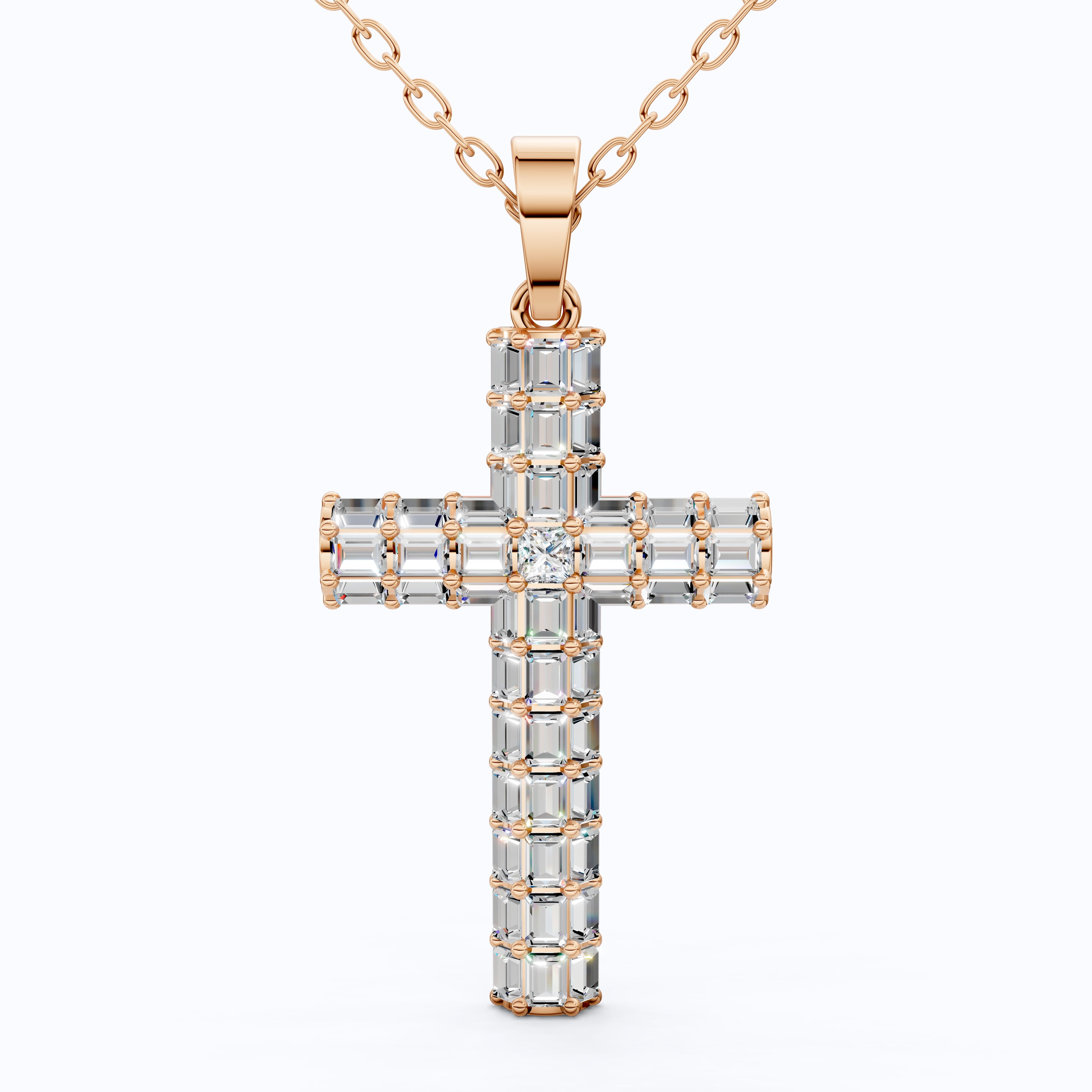 Geometric Baguette Cross Pendant in 14K Solid Gold, 1.98 TCW Baguette/Princess Cut Lab Created Diamonds, Statement Bridal Jewelry, Wedding Gift