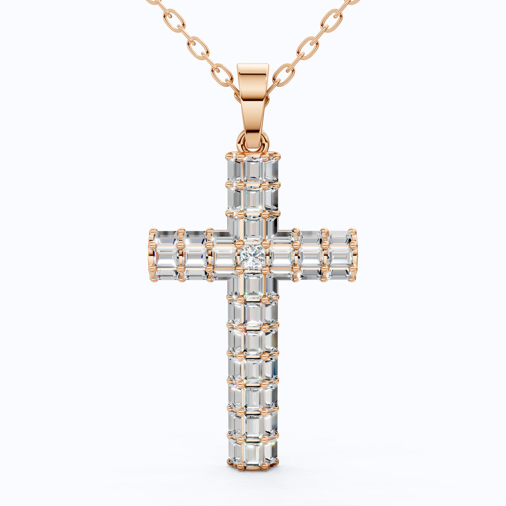 Geometric Baguette Cross Pendant in 14K Solid Gold, 1.98 TCW Baguette/Princess Cut Lab Created Diamonds, Statement Bridal Jewelry, Wedding Gift