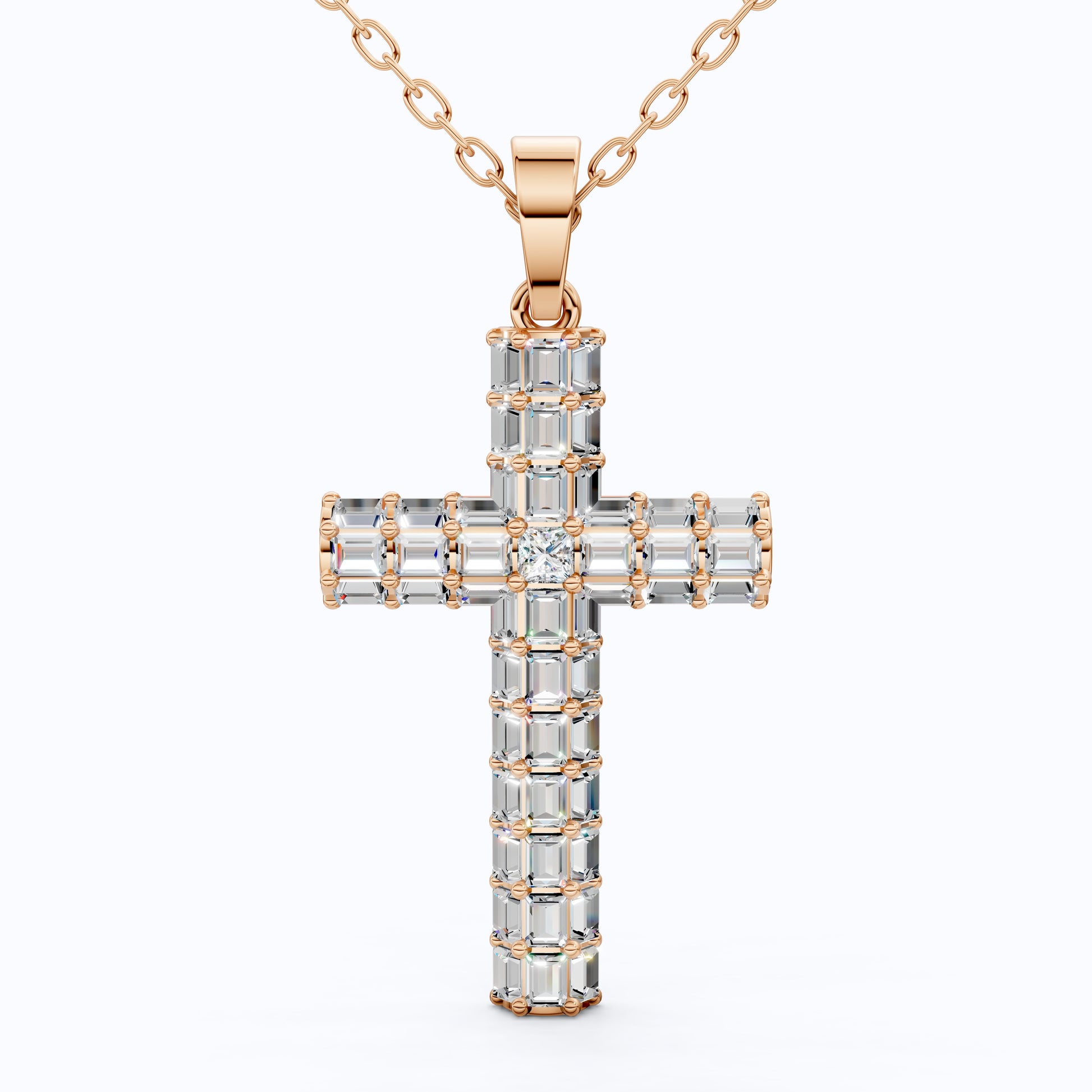 Geometric Baguette Cross Pendant in 14K Solid Gold, 1.98 TCW Baguette/Princess Cut Lab Created Diamonds, Statement Bridal Jewelry, Wedding Gift