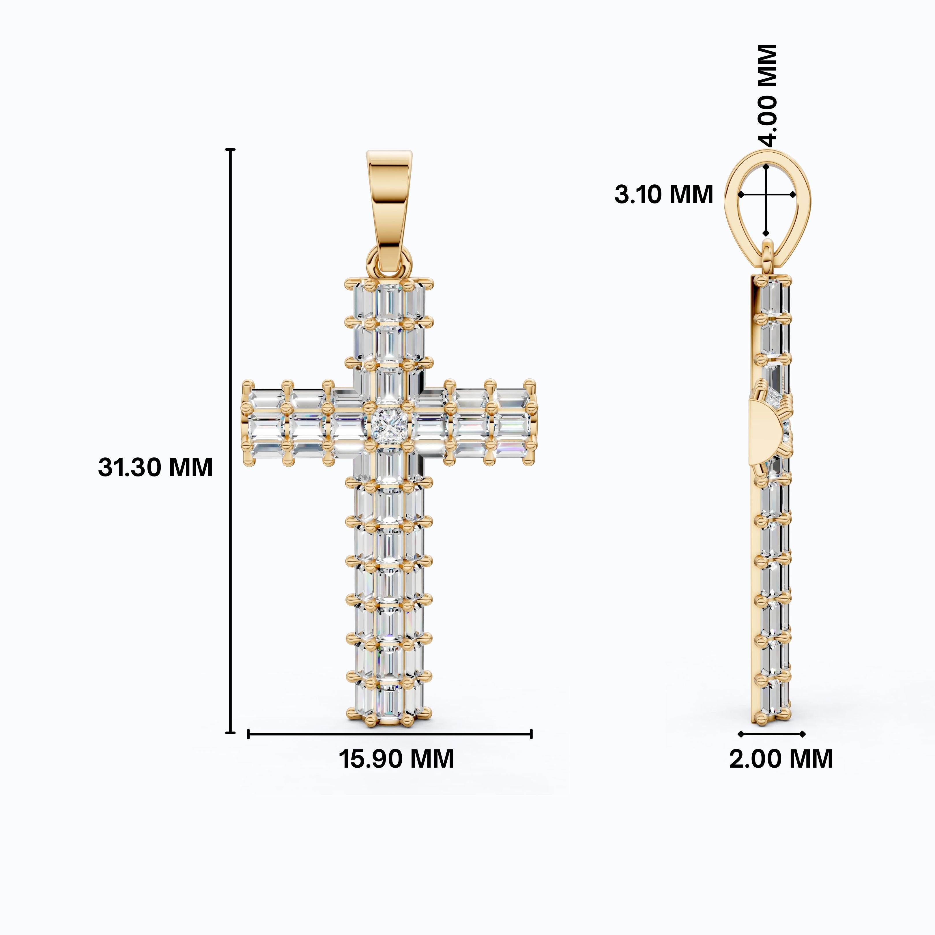 Geometric Baguette Cross Pendant in 14K Solid Gold, 1.98 TCW Baguette/Princess Cut Lab Created Diamonds, Statement Bridal Jewelry, Wedding Gift