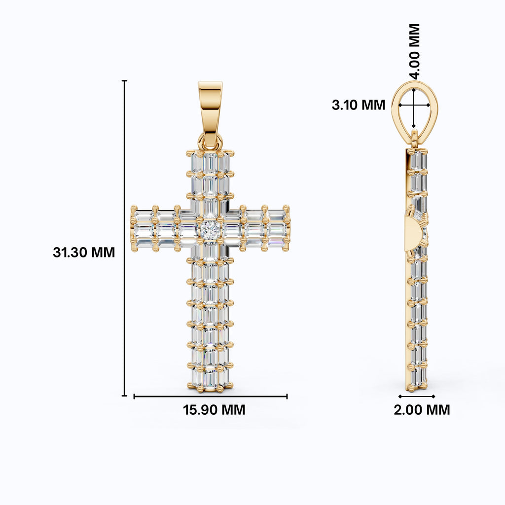 Geometric Baguette Cross Pendant in 14K Solid Gold, 1.98 TCW Baguette/Princess Cut Lab Created Diamonds, Statement Bridal Jewelry, Wedding Gift