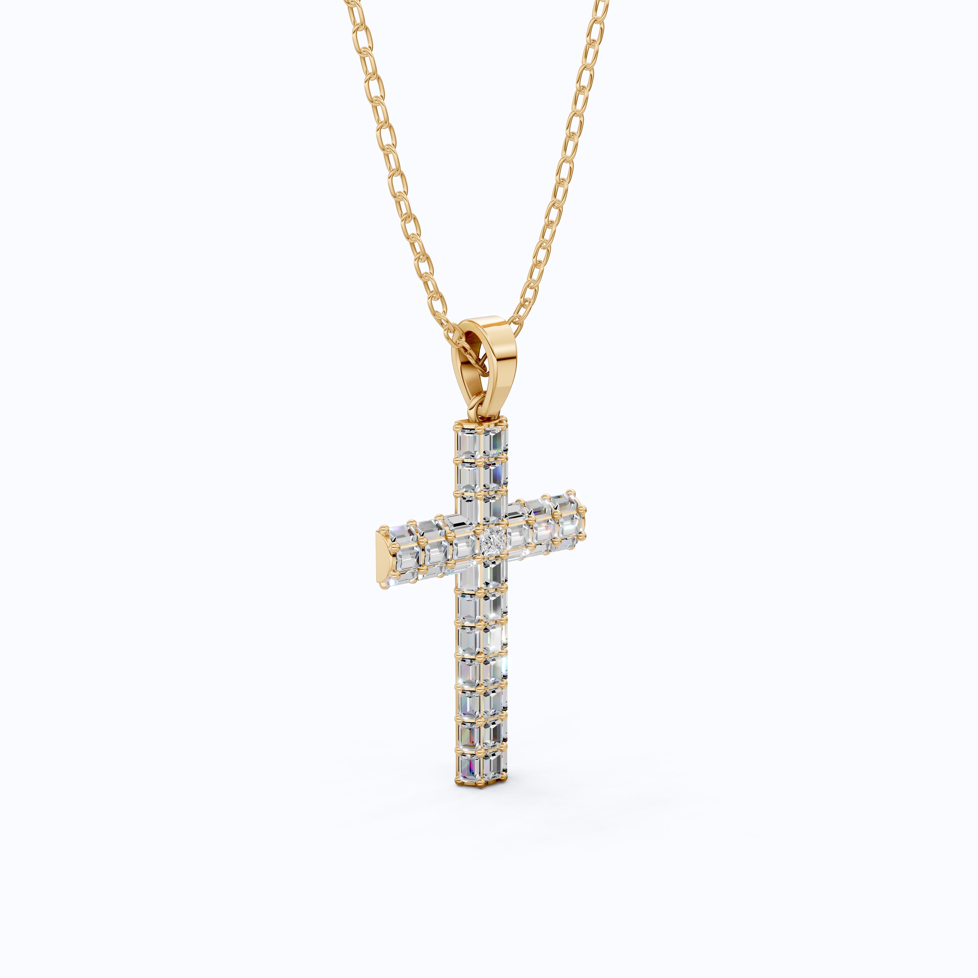 Geometric Baguette Cross Pendant in 14K Solid Gold, 1.98 TCW Baguette/Princess Cut Lab Created Diamonds, Statement Bridal Jewelry, Wedding Gift