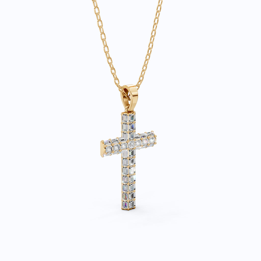 Geometric Baguette Cross Pendant in 14K Solid Gold, 1.98 TCW Baguette/Princess Cut Lab Created Diamonds, Statement Bridal Jewelry, Wedding Gift